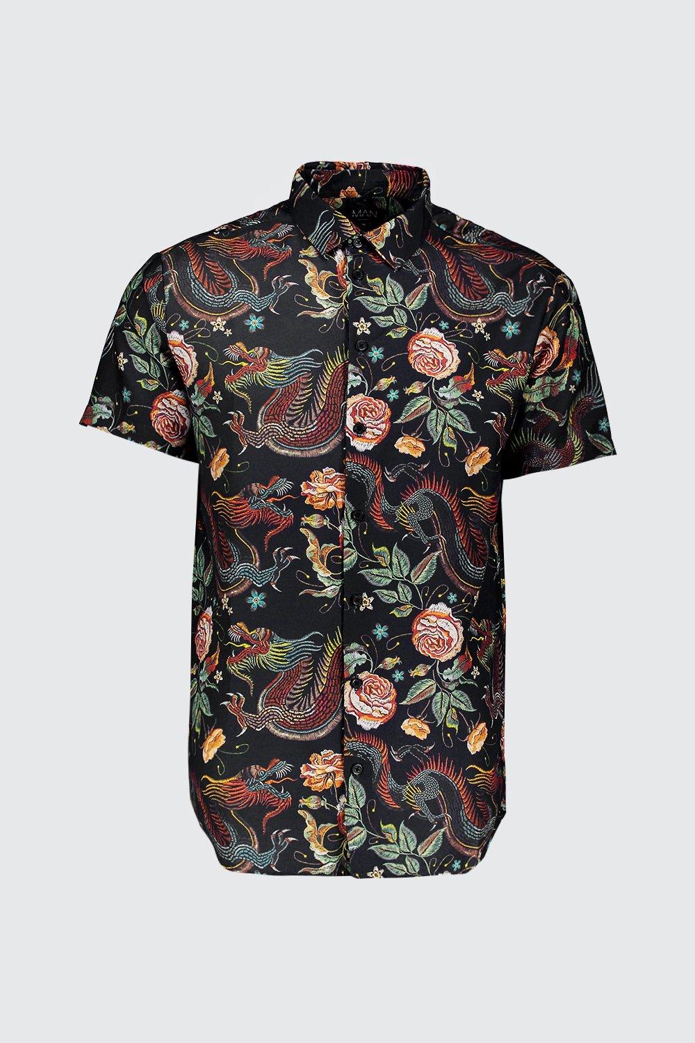 Dragon Print Regular Fit Short Sleeve Shirt | boohoo USA