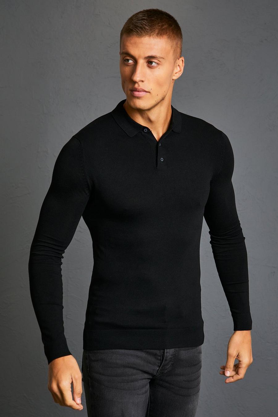 שחור negro חולצת פולו צמודה ארוכה מבד ממוחזר image number 1