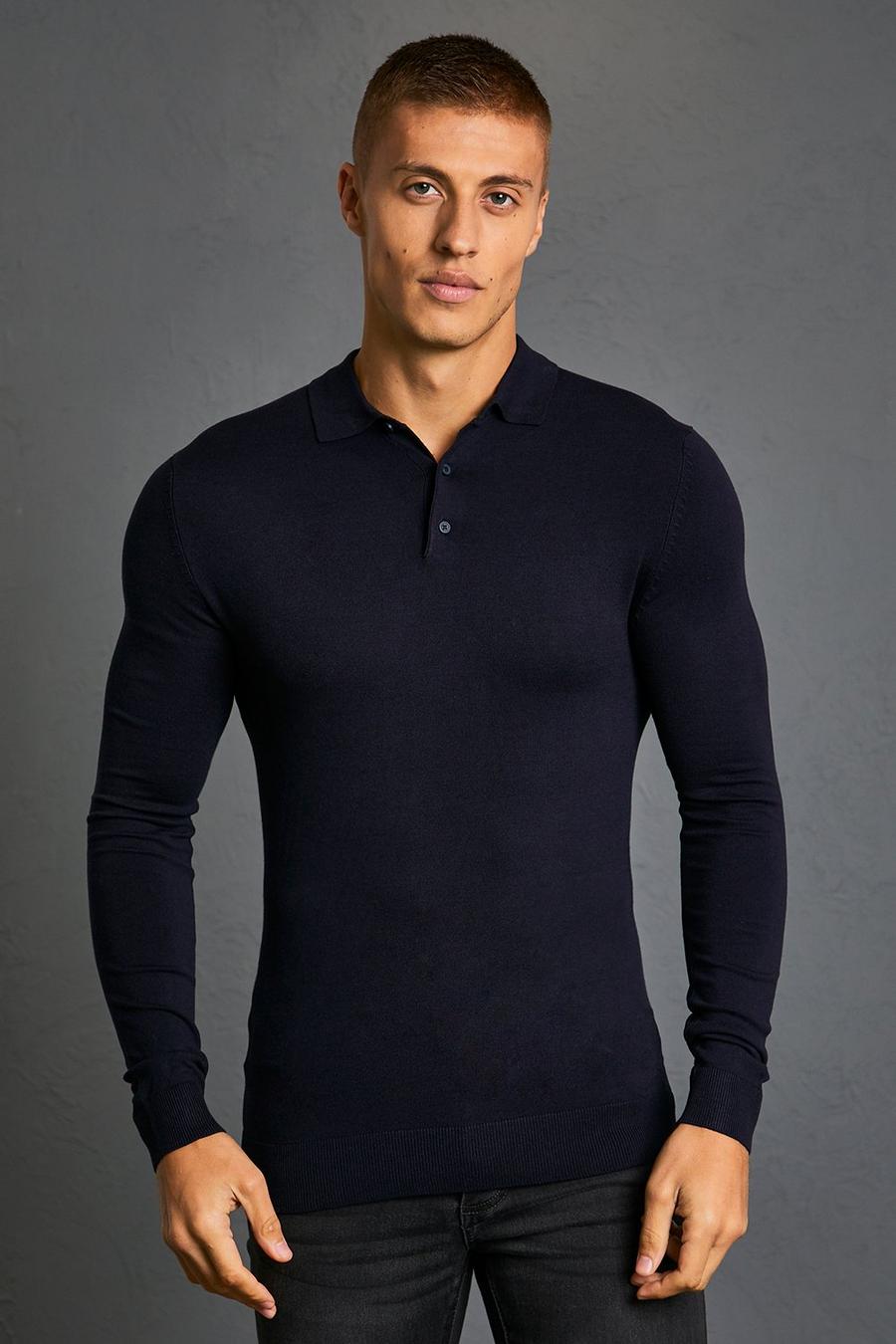 Navy marine Recycled Muscle Long Sleeve Polo image number 1