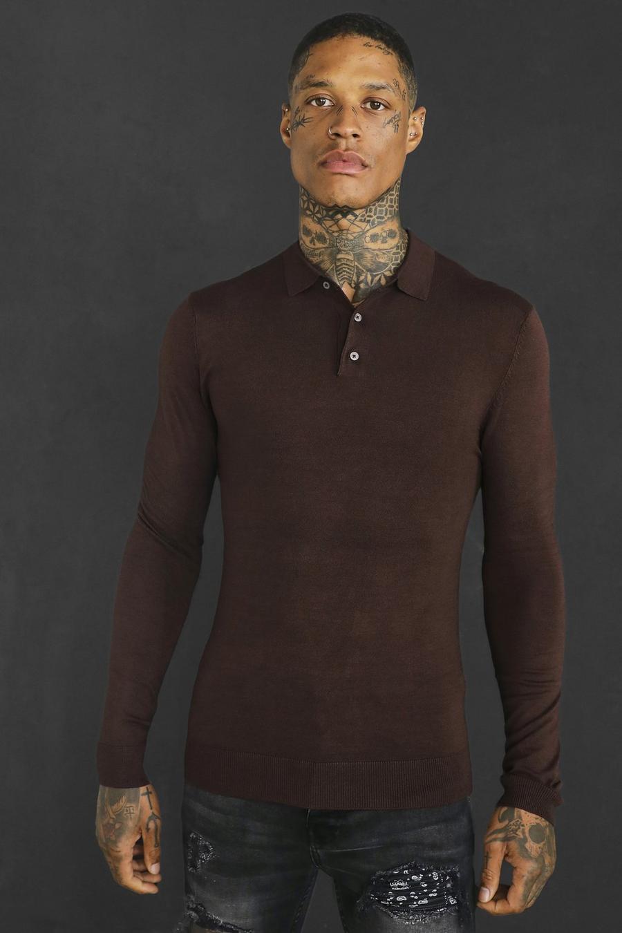 Chocolate brown Recycled Muscle Long Sleeve Polo