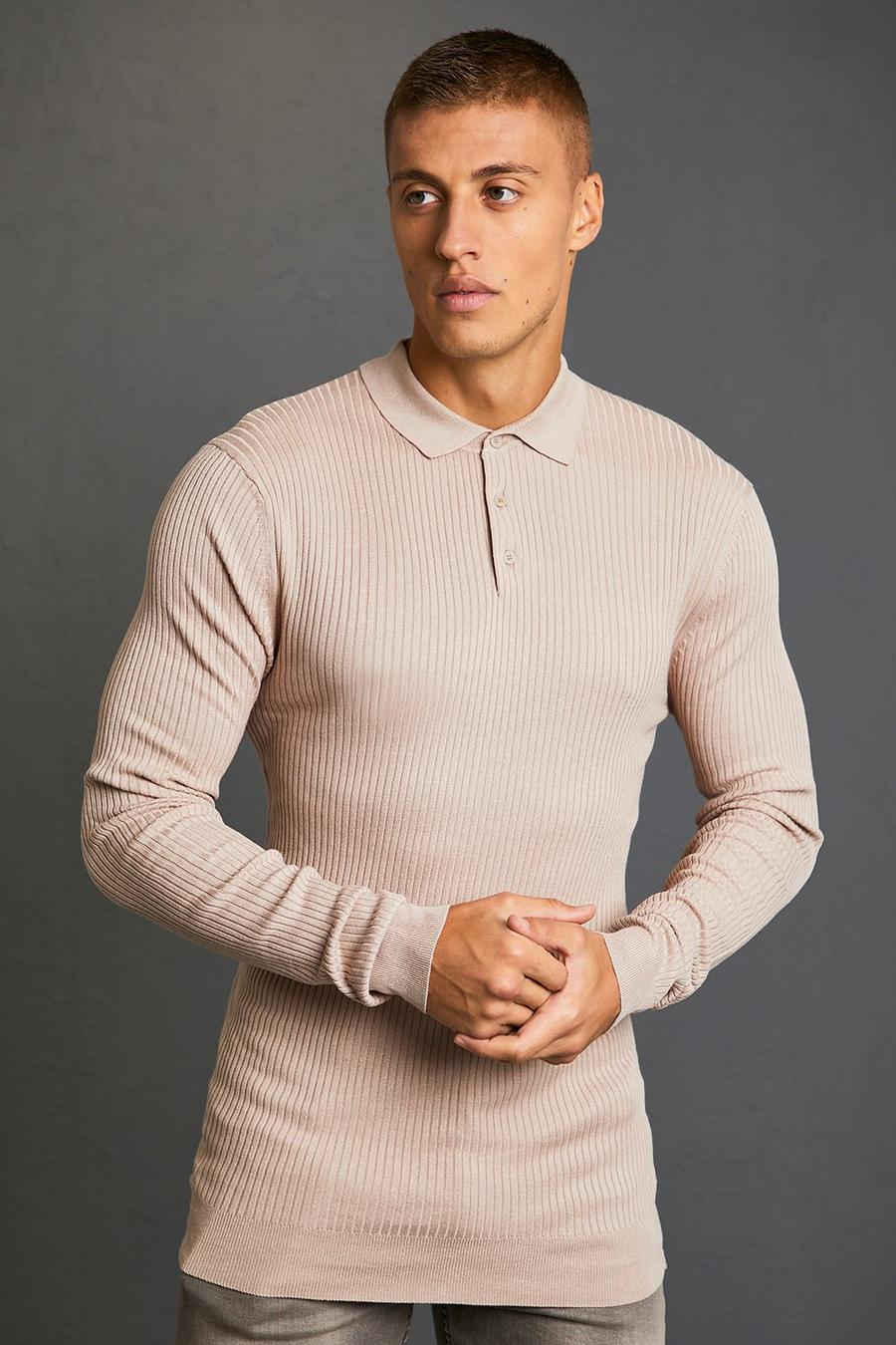 Taupe Muscle Fit Long Sleeve Polo image number 1