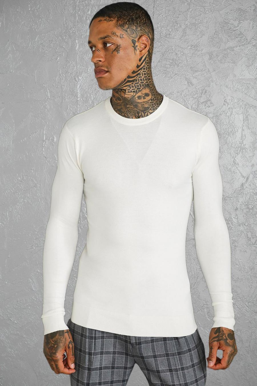 Cream Muscle Crew Neck Jumper image number 1