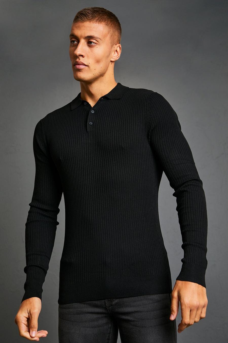 Black schwarz Muscle Long Sleeve Ribbed Polo image number 1