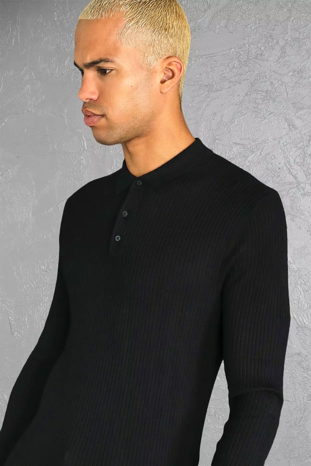 Black Ribbed Sleeve Polo T-shirt|296359502