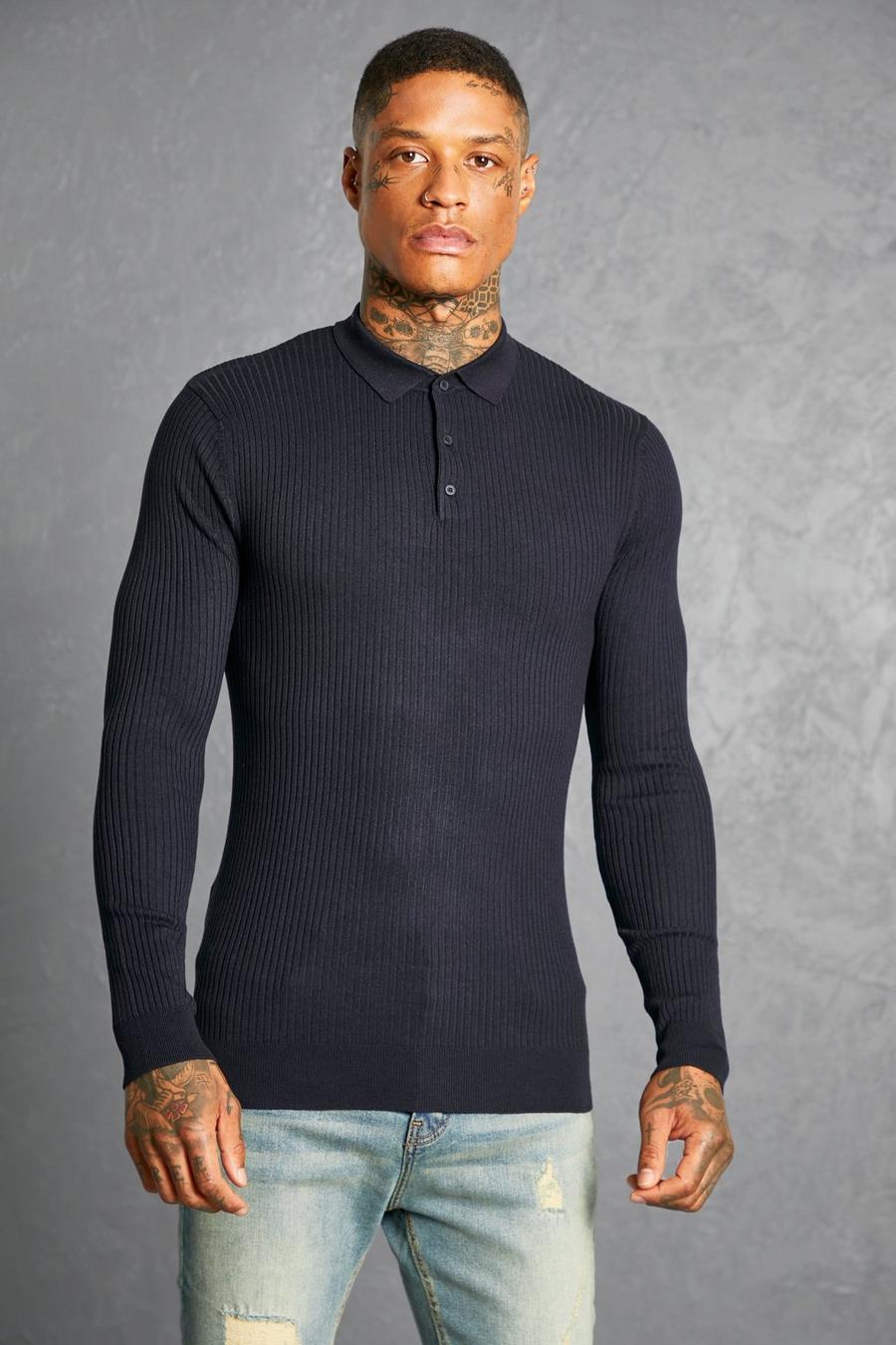 Navy Muscle Long Sleeve Ribbed Polo image number 1