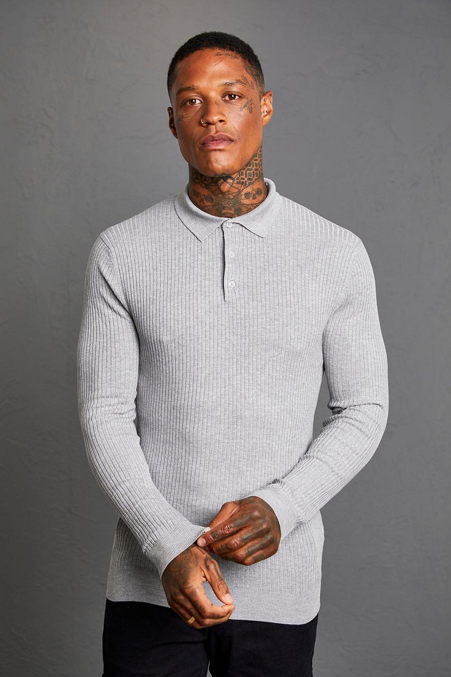 Grey marl Muscle Long Sleeve Ribbed Polo image number 1