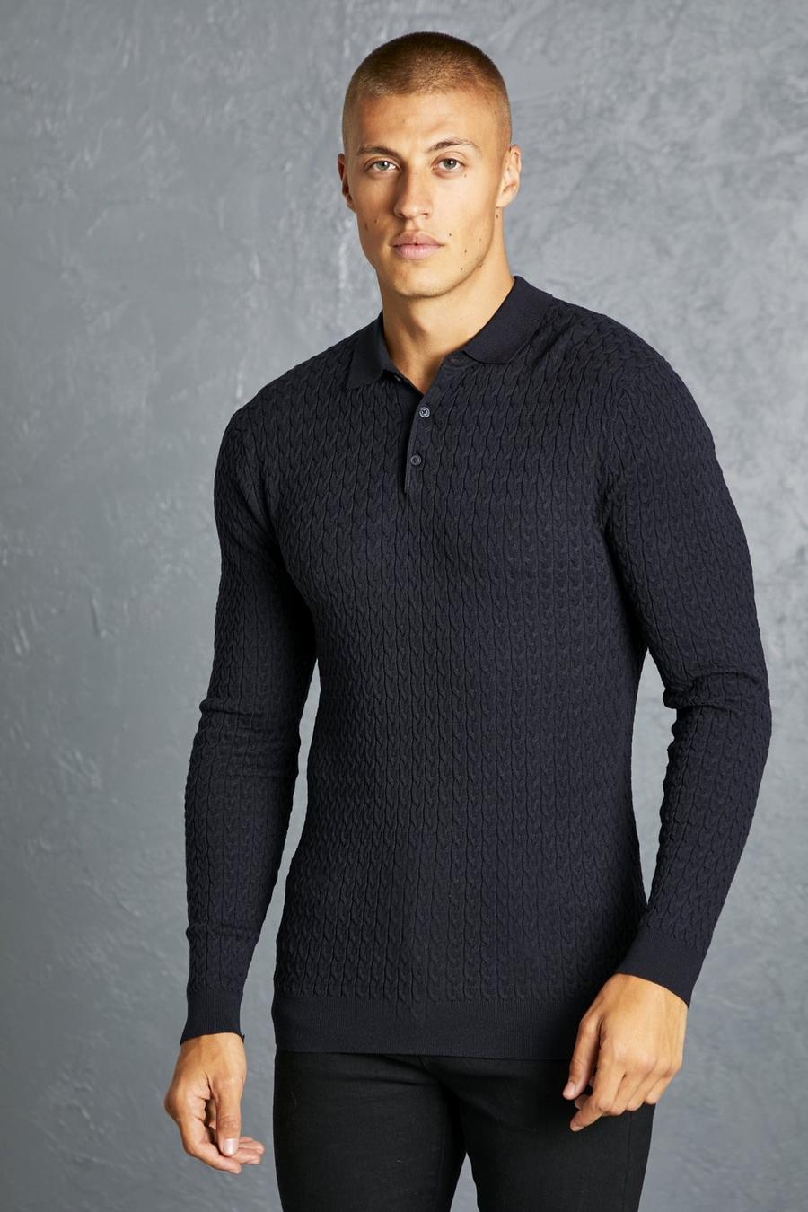 Navy Muscle Long Sleeve Cable Polo image number 1