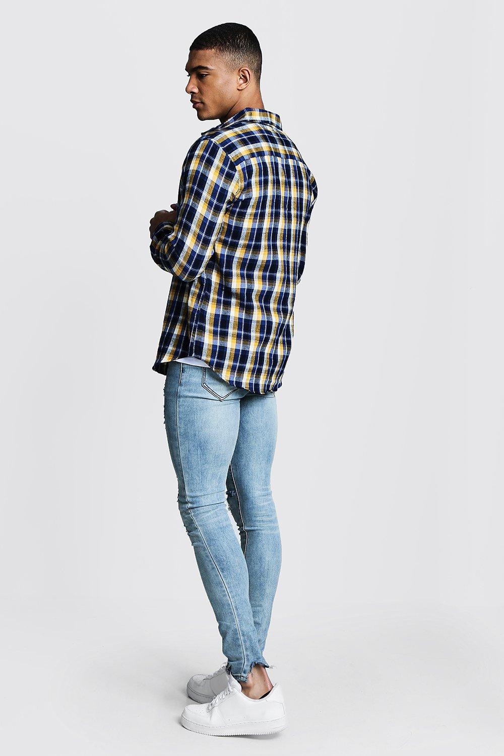 Long Sleeve Blue And Yellow Flannel Shirt