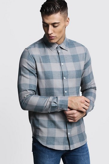 Men's Long Sleeve Dusky Blue Check Shirt | Boohoo UK