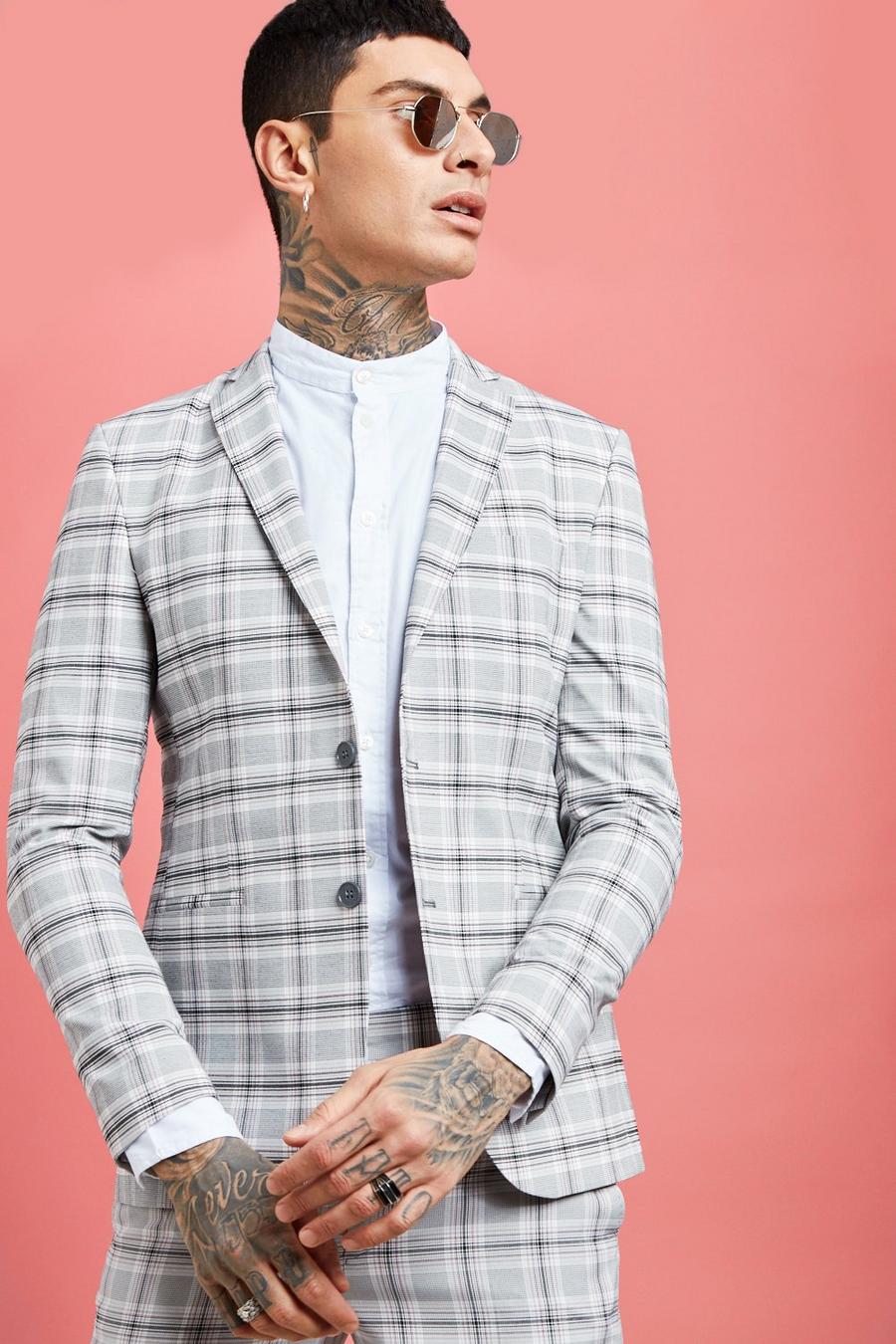 Grey Pastel Check Detail Skinny Fit Suit Jacket image number 1