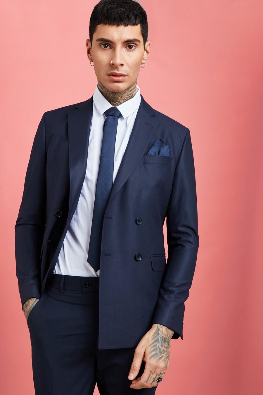 Navy Plain Double Breasted Skinny Fit Suit Blazer image number 1