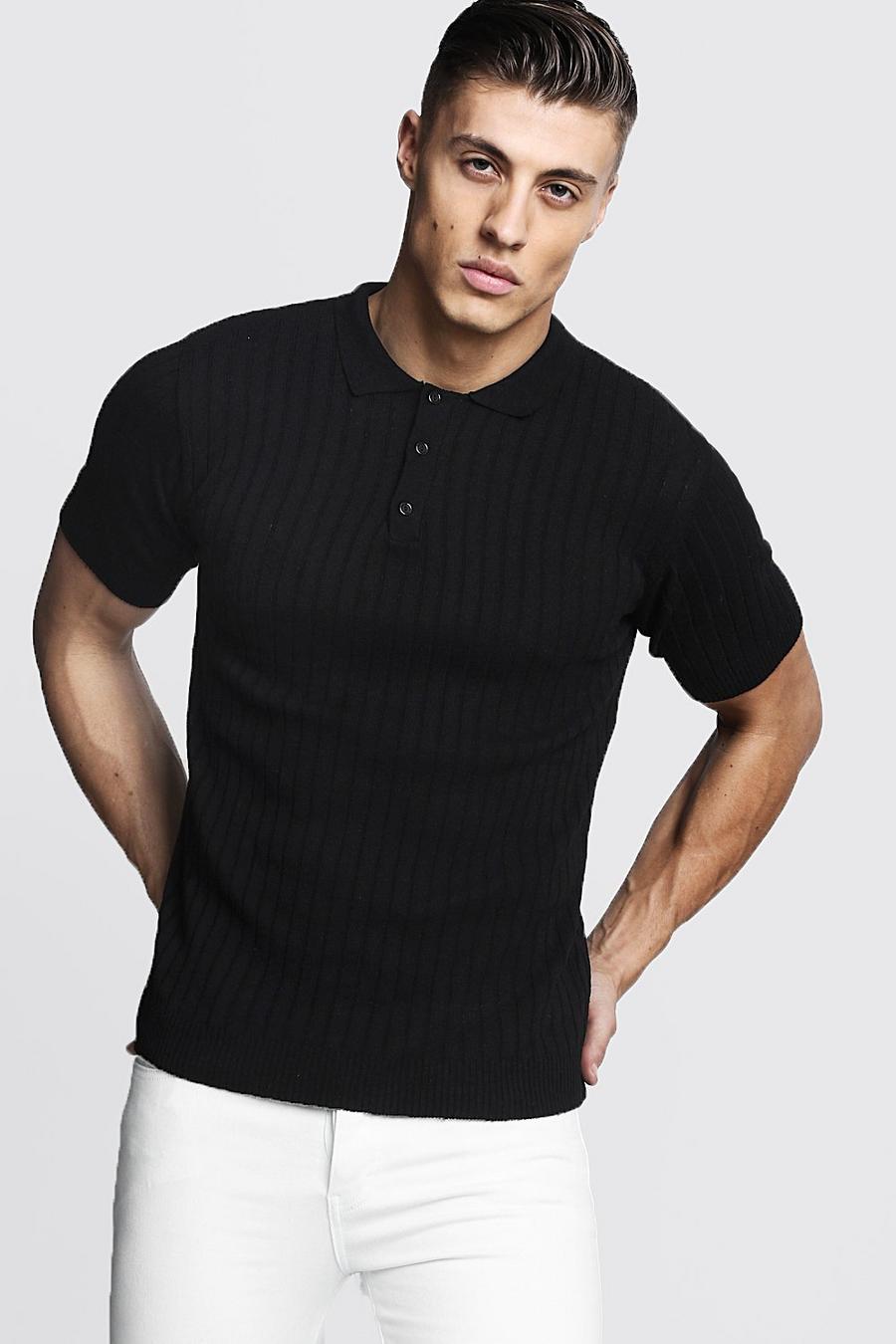 Black Muscle Fit Ribbed Knitted Polo image number 1