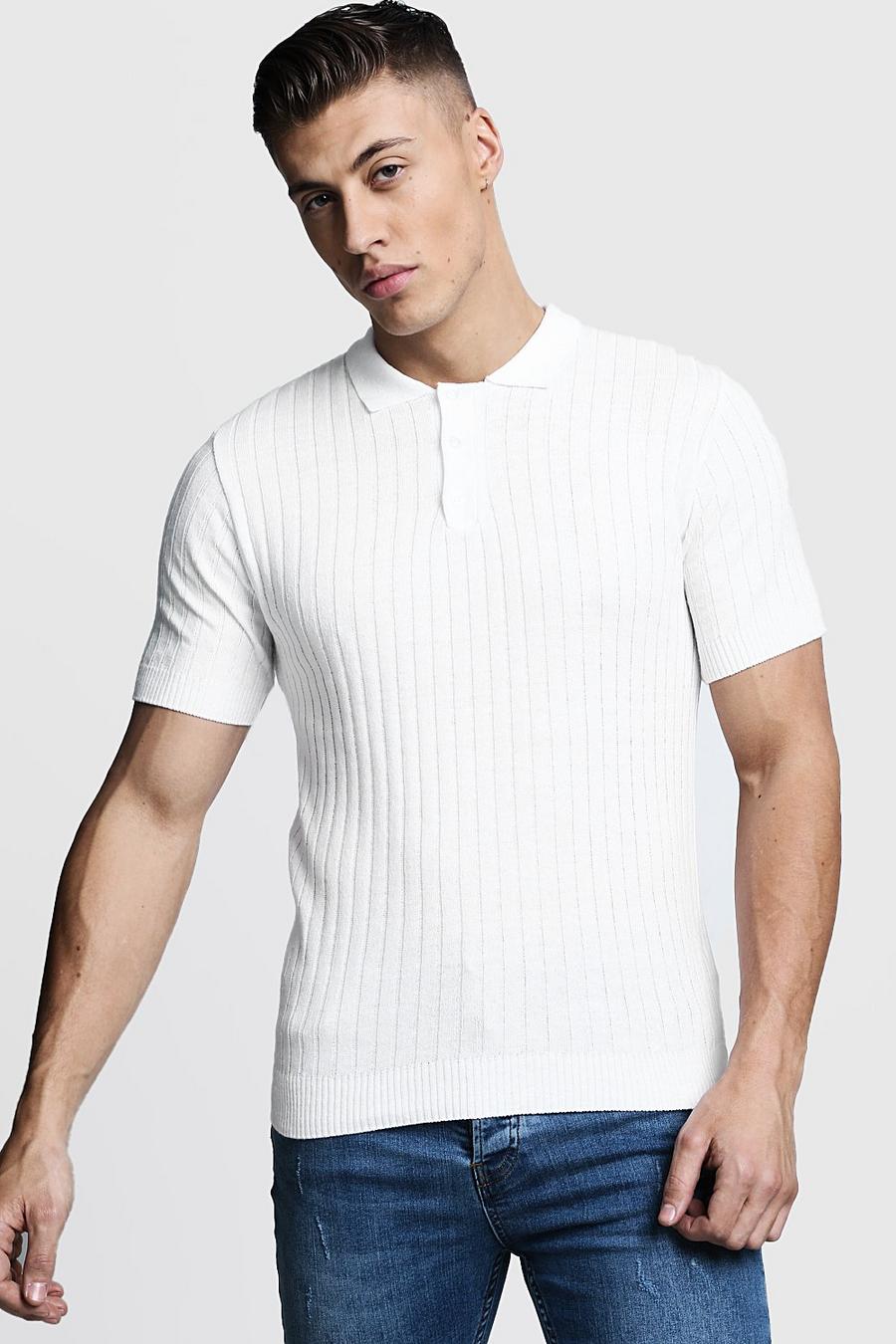 Ivory white Muscle Fit Ribbed Knitted Polo