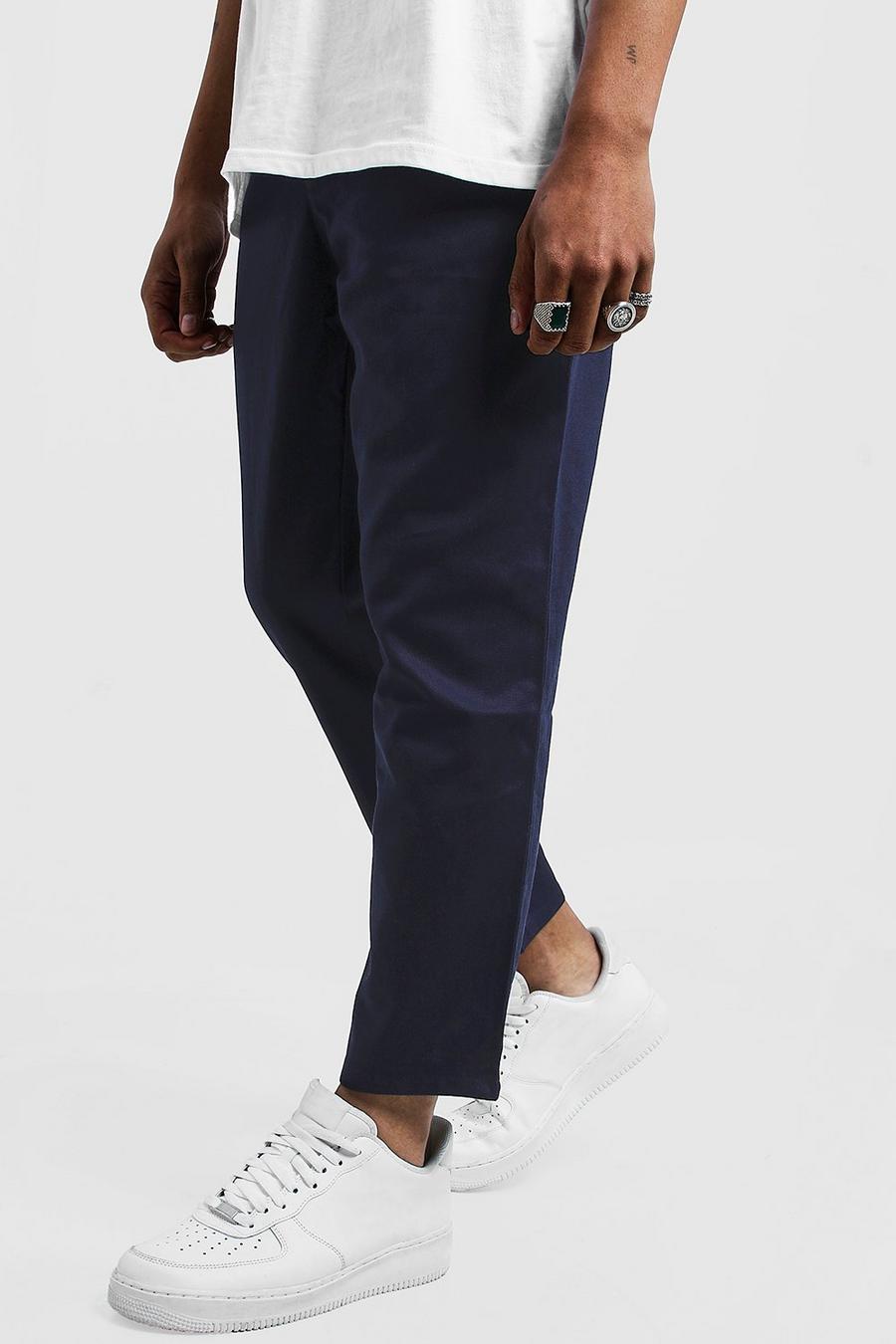 Pantalones chinos entallados con cintura con cordón ajustable, Azul marino image number 1
