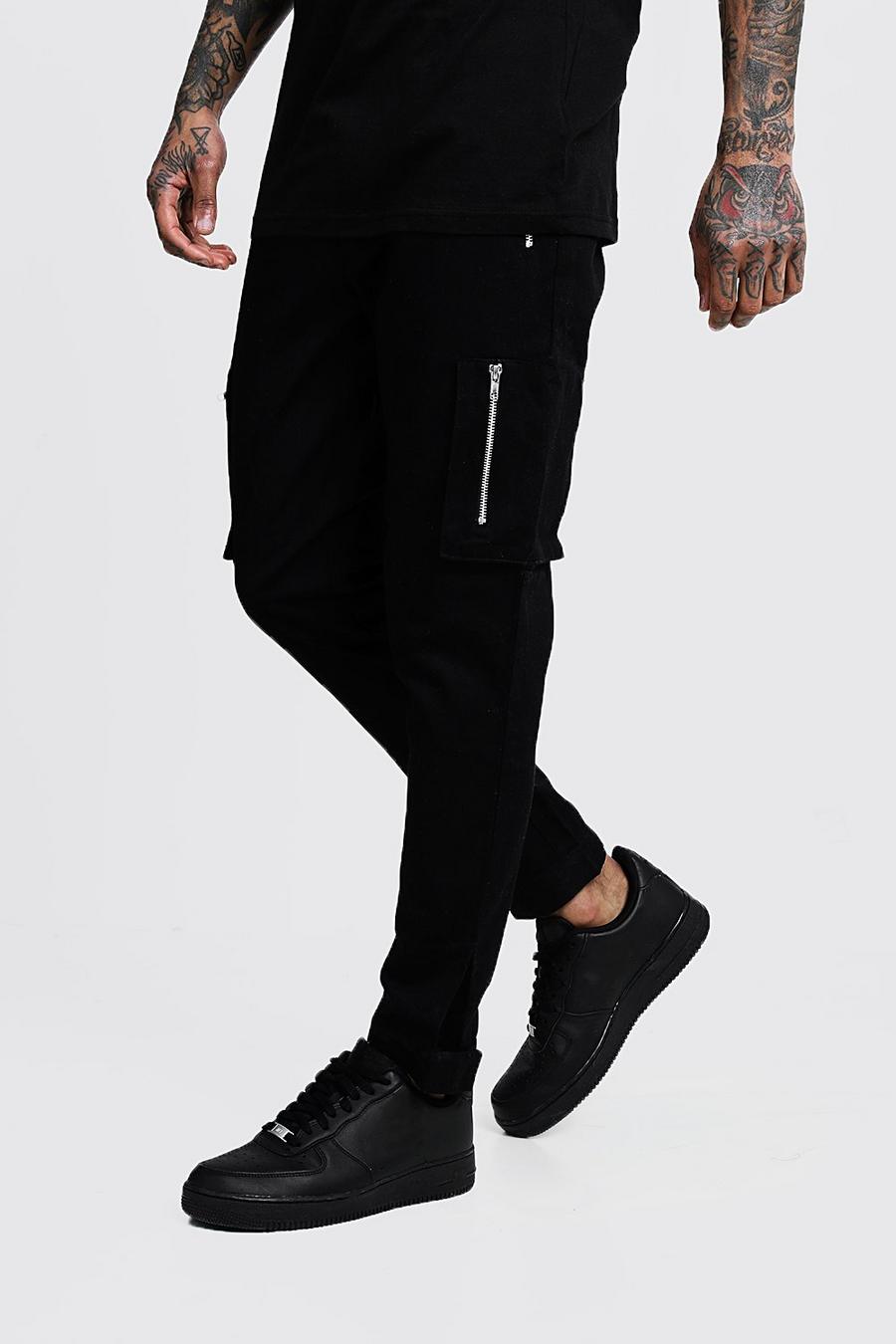 Black Slim Fit Cargo Pants With Cuff image number 1