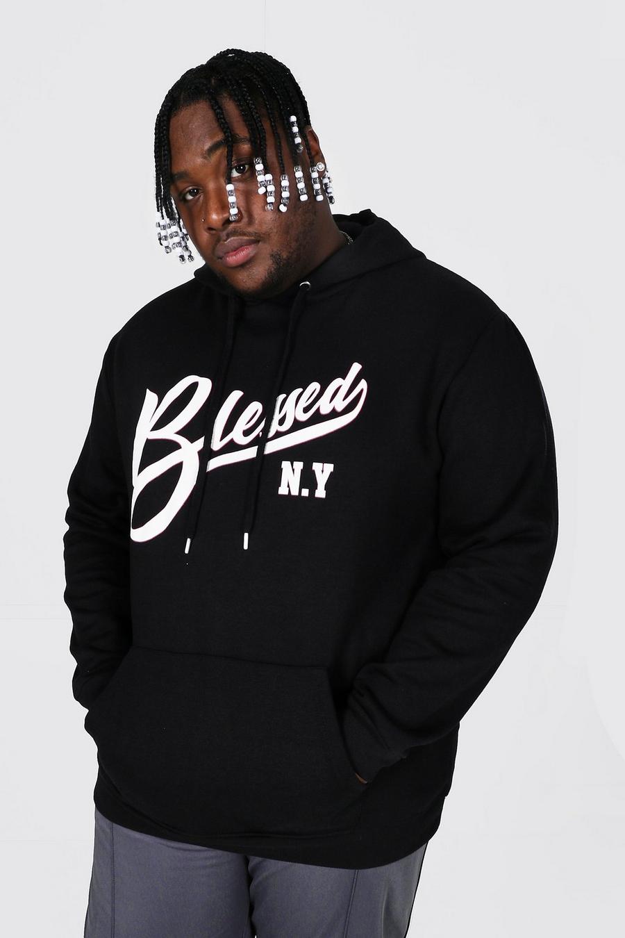 Sudadera con capucha y estampado de eslogan Blessed NY Plus, Negro image number 1
