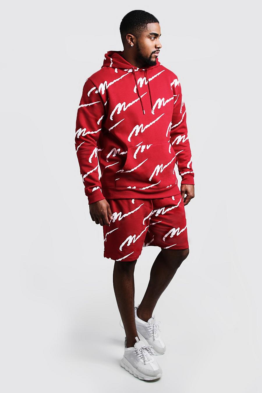 Red röd Plus Size All Over MAN Hooded Short Tracksuit image number 1