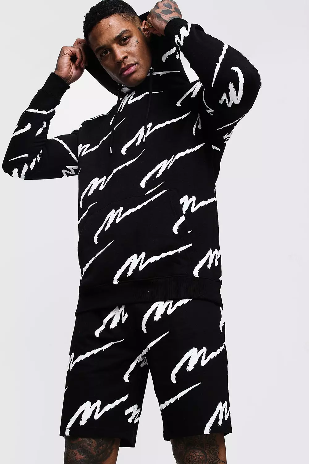 All over man store printed hooded tracksuit black