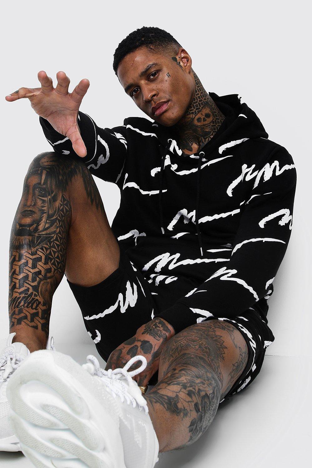 All over man printed hooded short tracksuit best sale