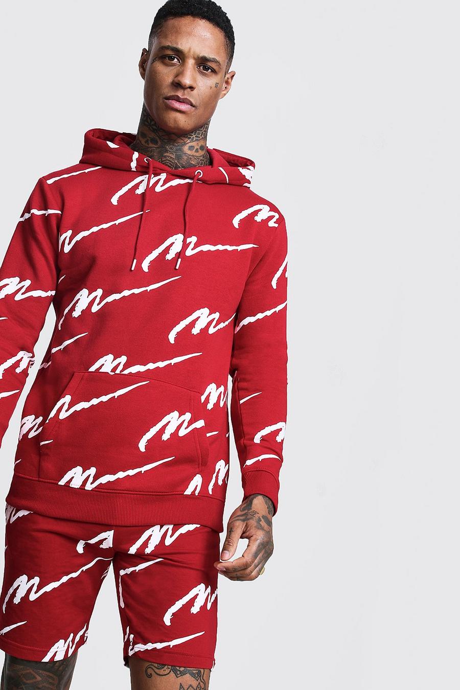 Red All Over MAN Printed Hooded Short Tracksuit image number 1
