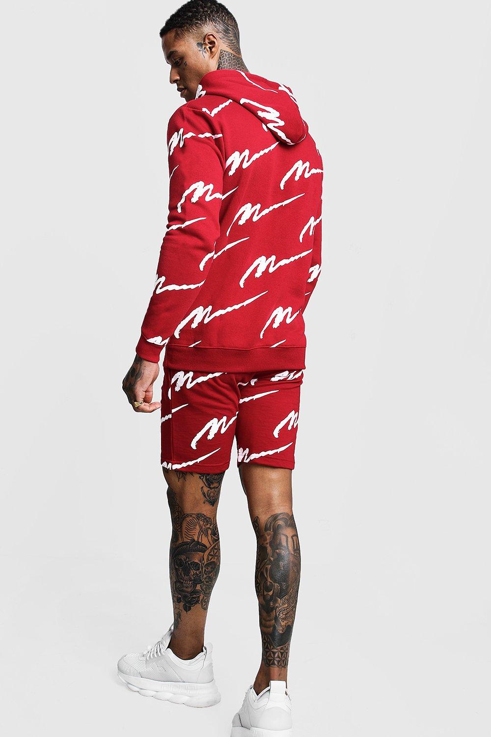 All Over MAN Printed Hooded Short Tracksuit boohoo NO