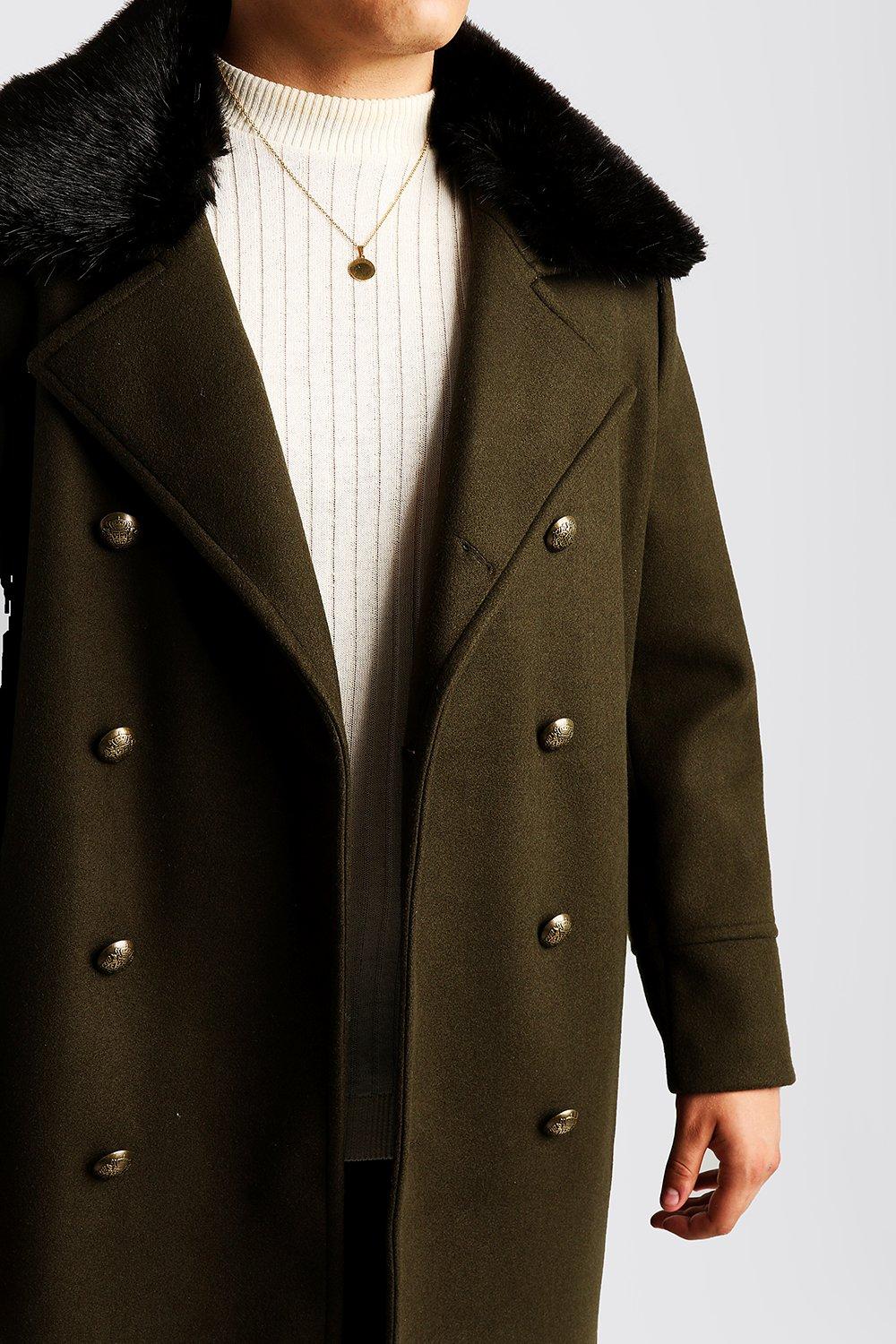 Boohooman double breasted wool overcoat sale with faux fur trim in black