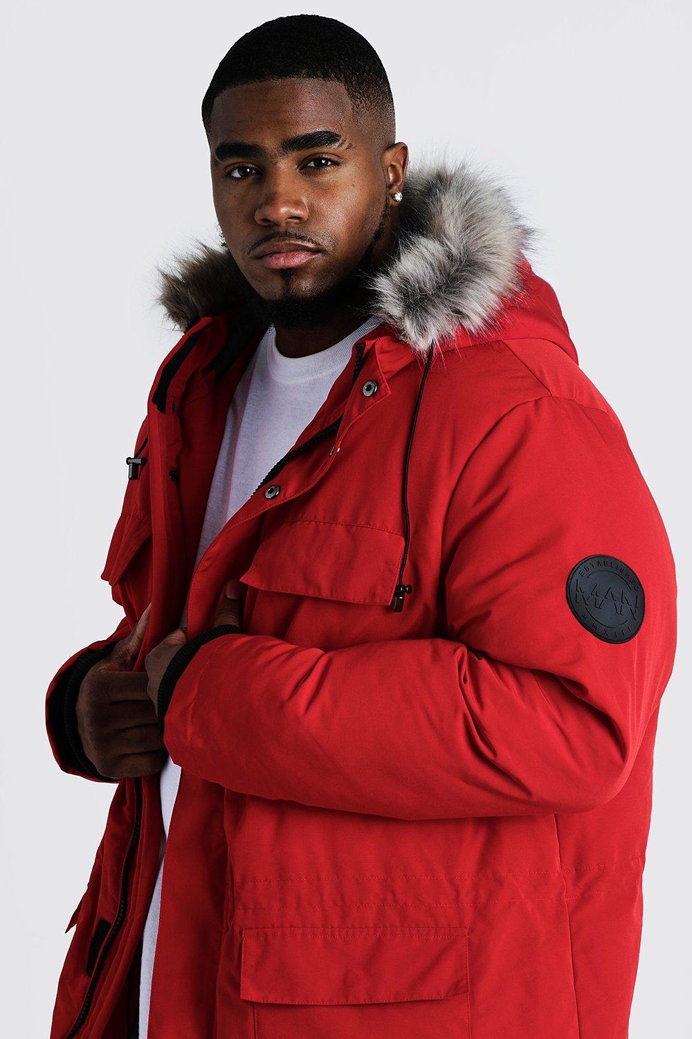 Mens red parka with fur clearance hood