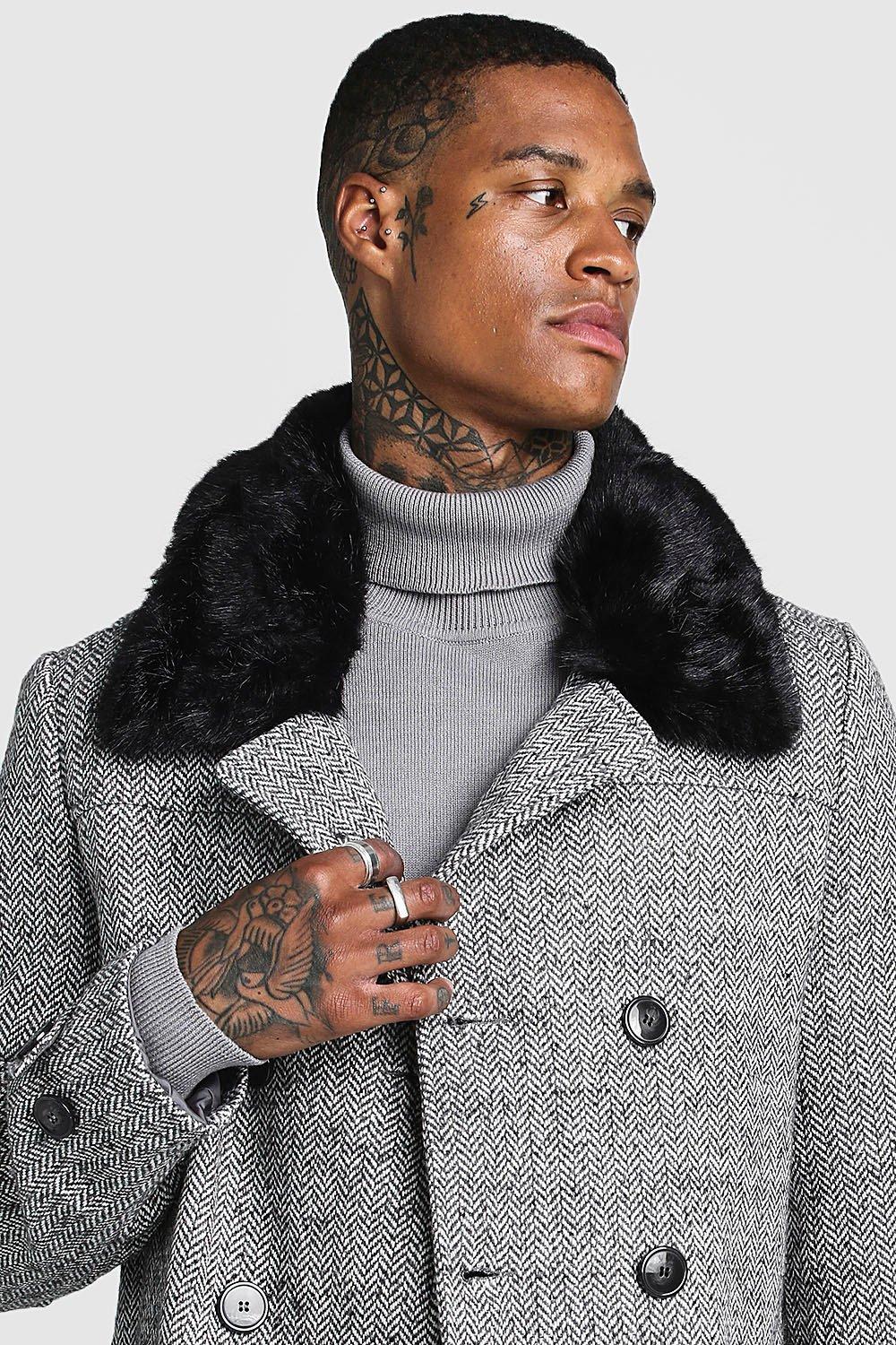 Mens pea coat with faux fur collar best sale