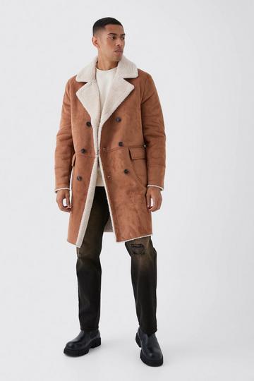 Borg Lined Double Breasted Overcoat in Tan tan