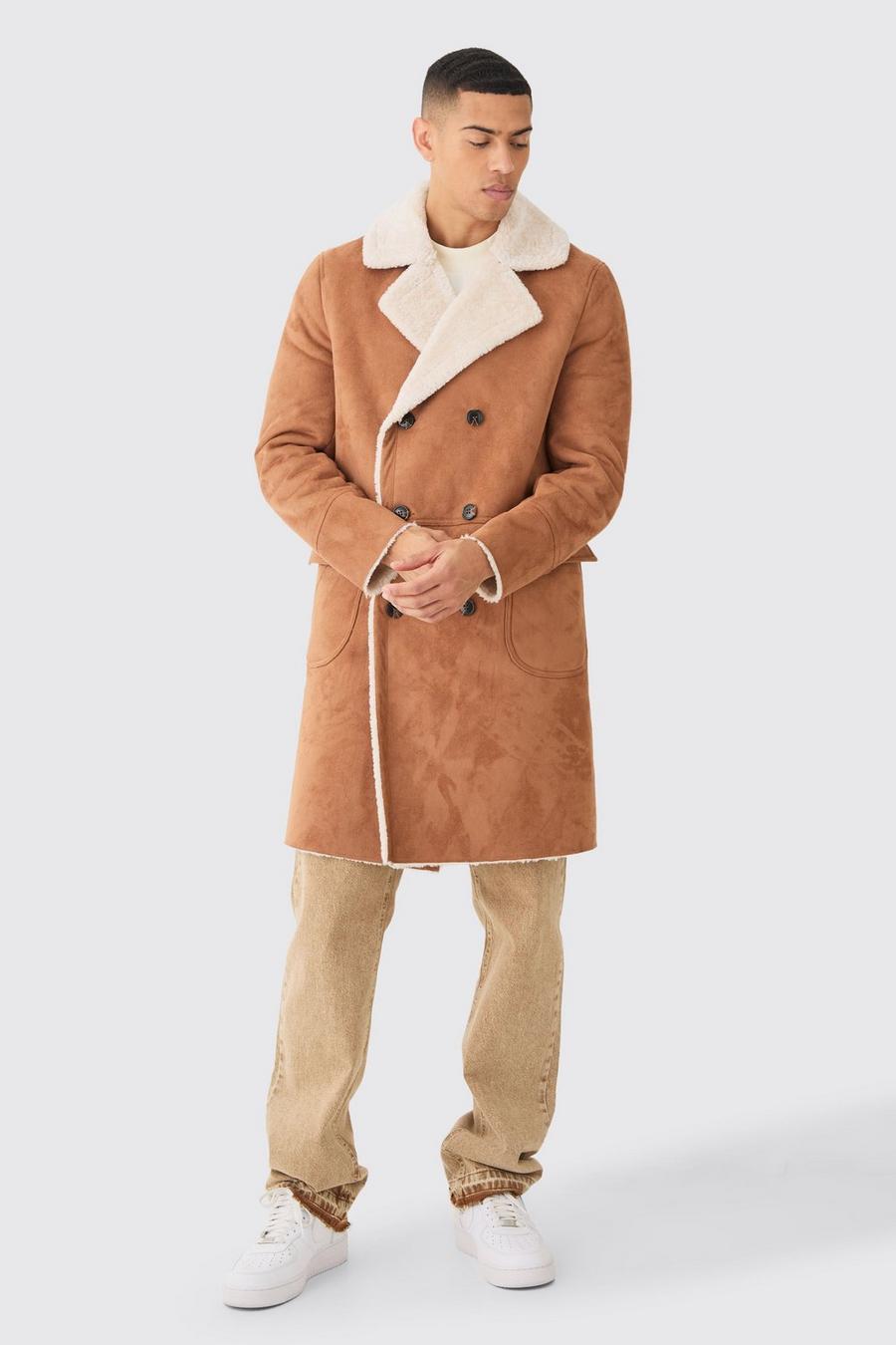 Manteau long en faux daim à bordures effet laine, Brun roux brown