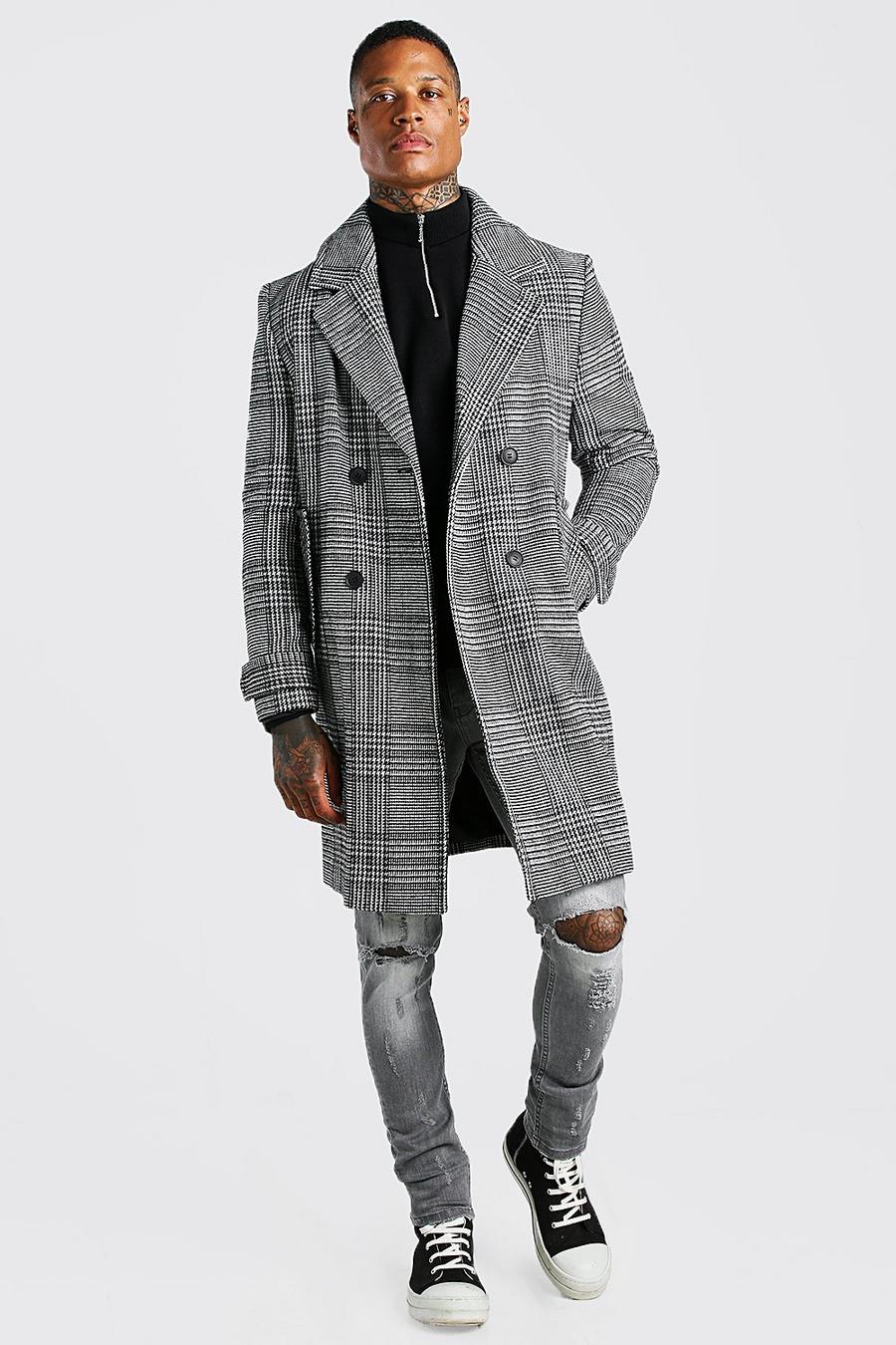 Karierter zweireihiger Mantel aus Wollmischgewebe, Schwarz image number 1