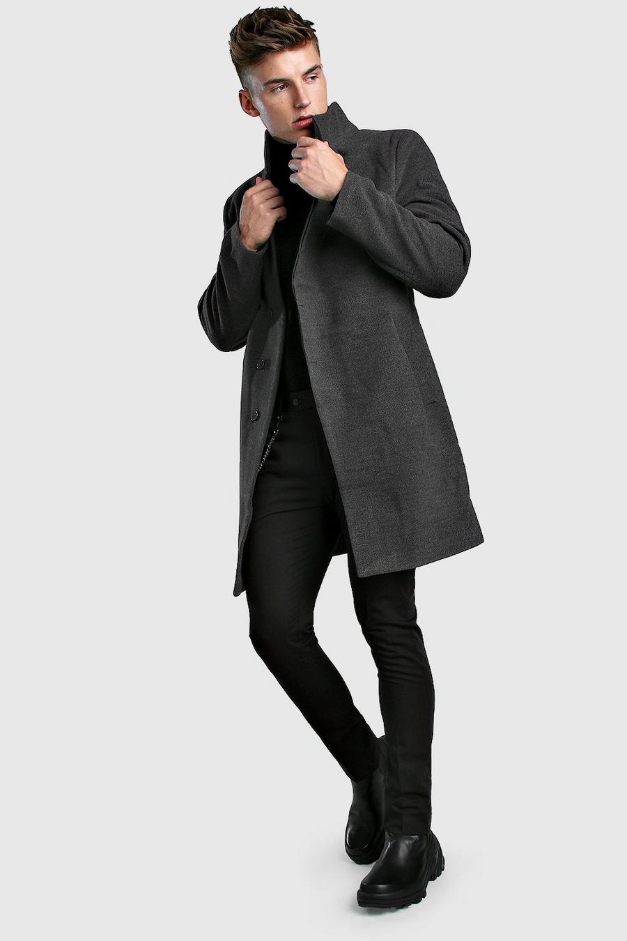 Funnel Neck Wool Look Overcoat, Charcoal image number 1