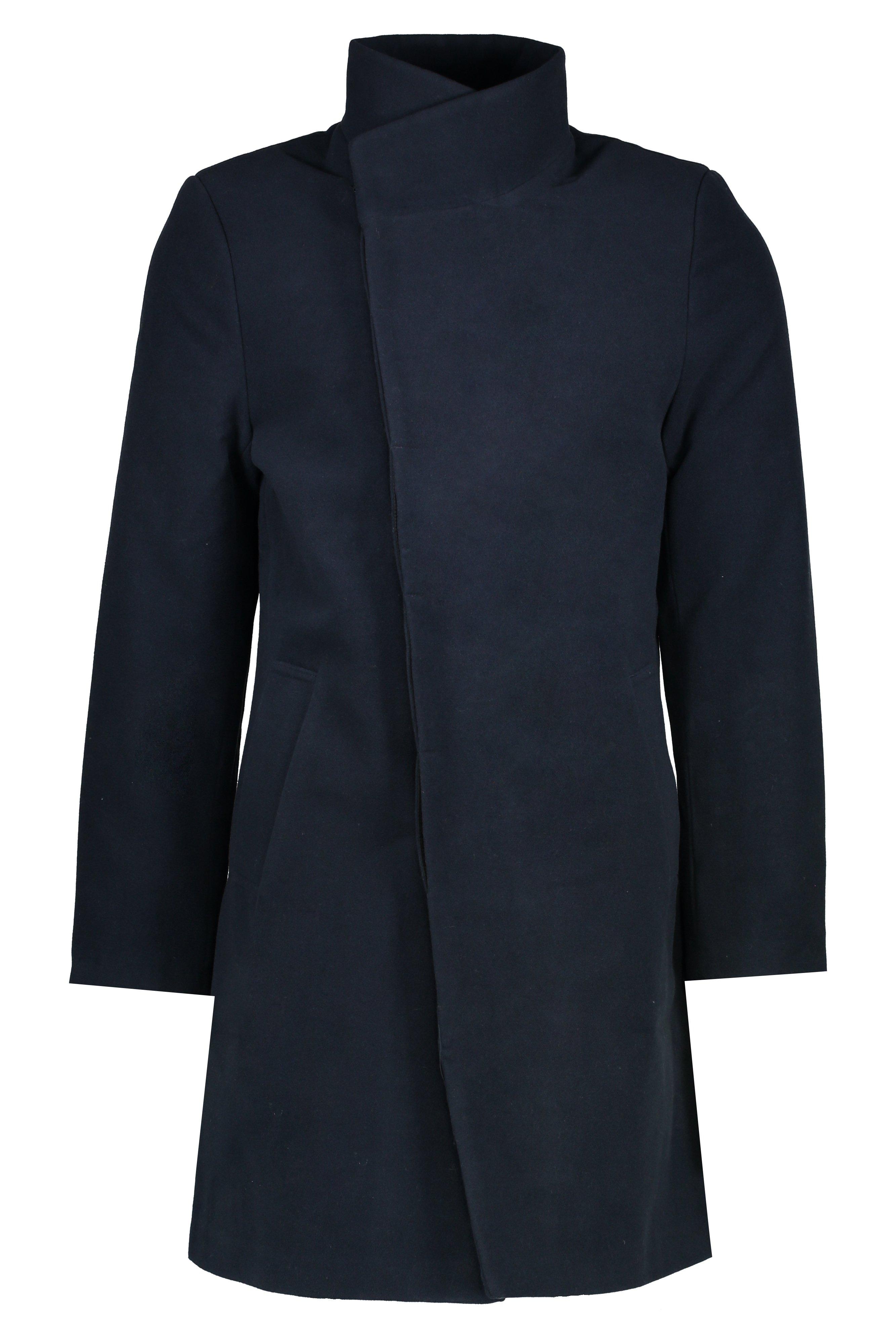 BoohooMAN Funnel Neck Wool Look Overcoat in Navy Blue for Men Mens Clothing Coats Long coats and winter coats 