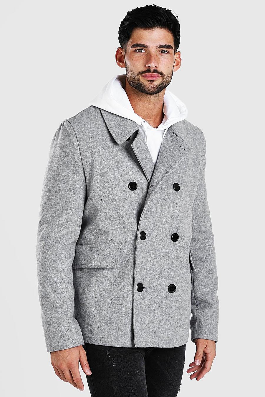 Grey Classic Wool Look Pea Coat image number 1