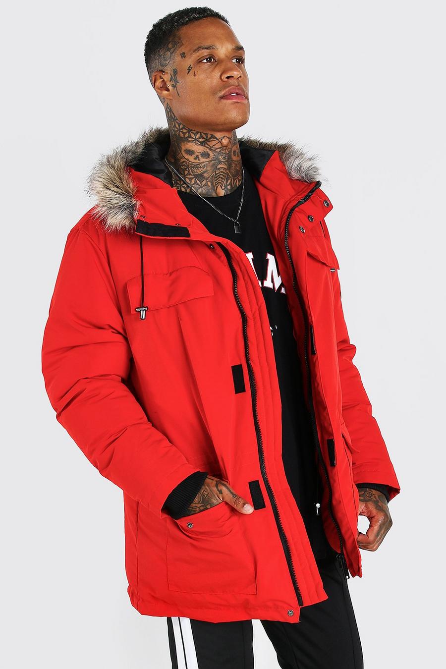 Parka ártica con capucha de piel sintética, Rojo image number 1