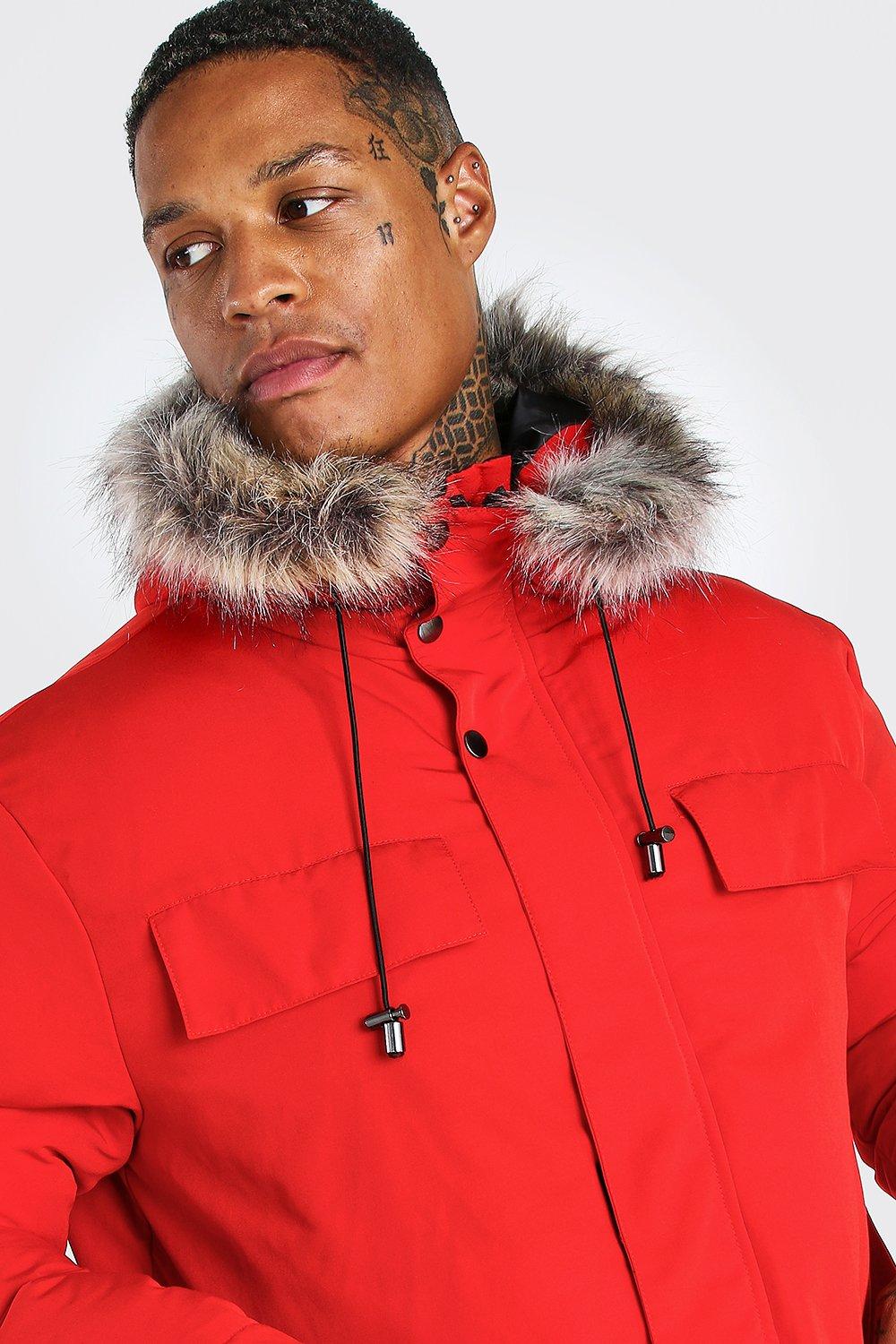 Mens red parka with fur clearance hood