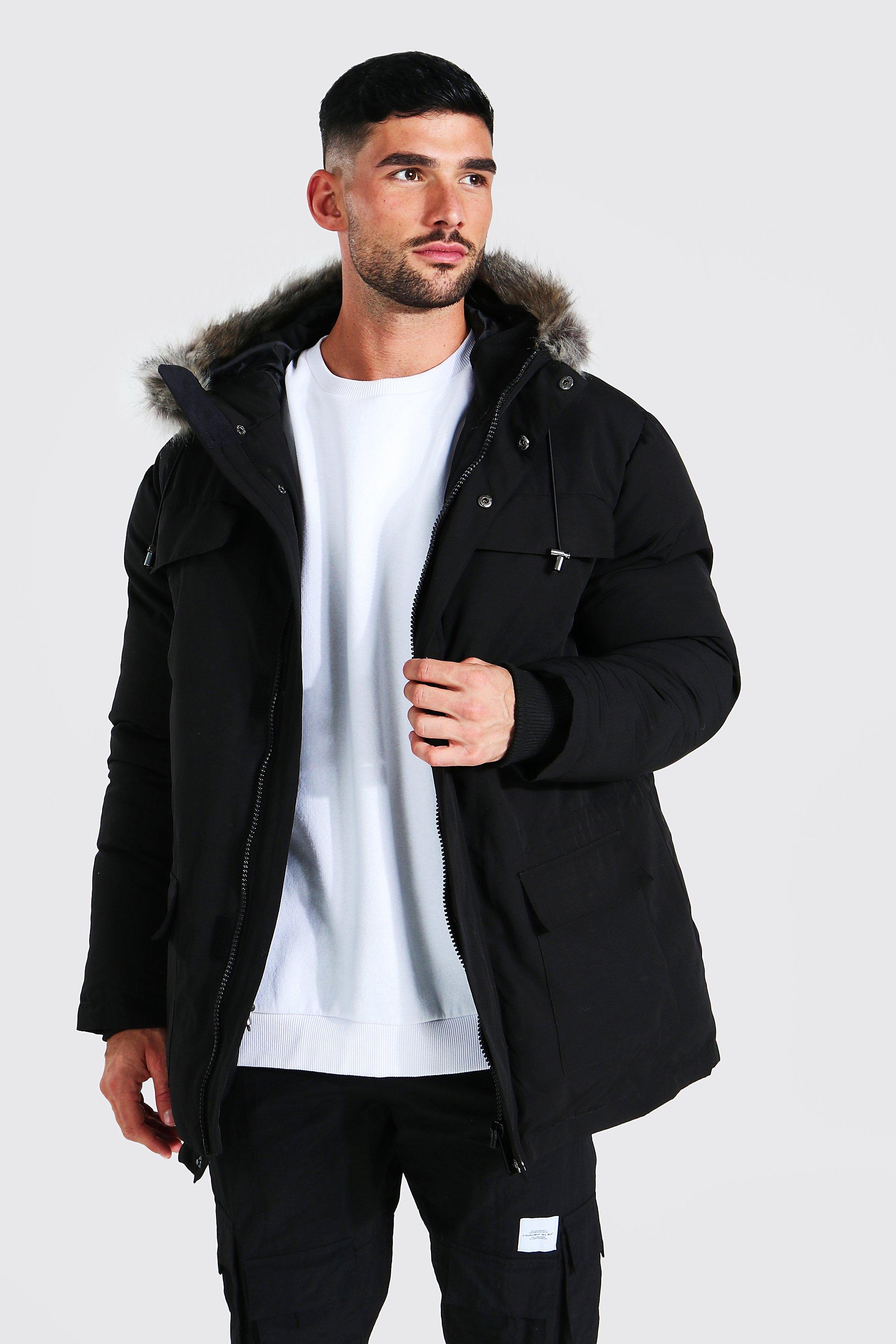 Black coat with fur hood boohoo hot sale