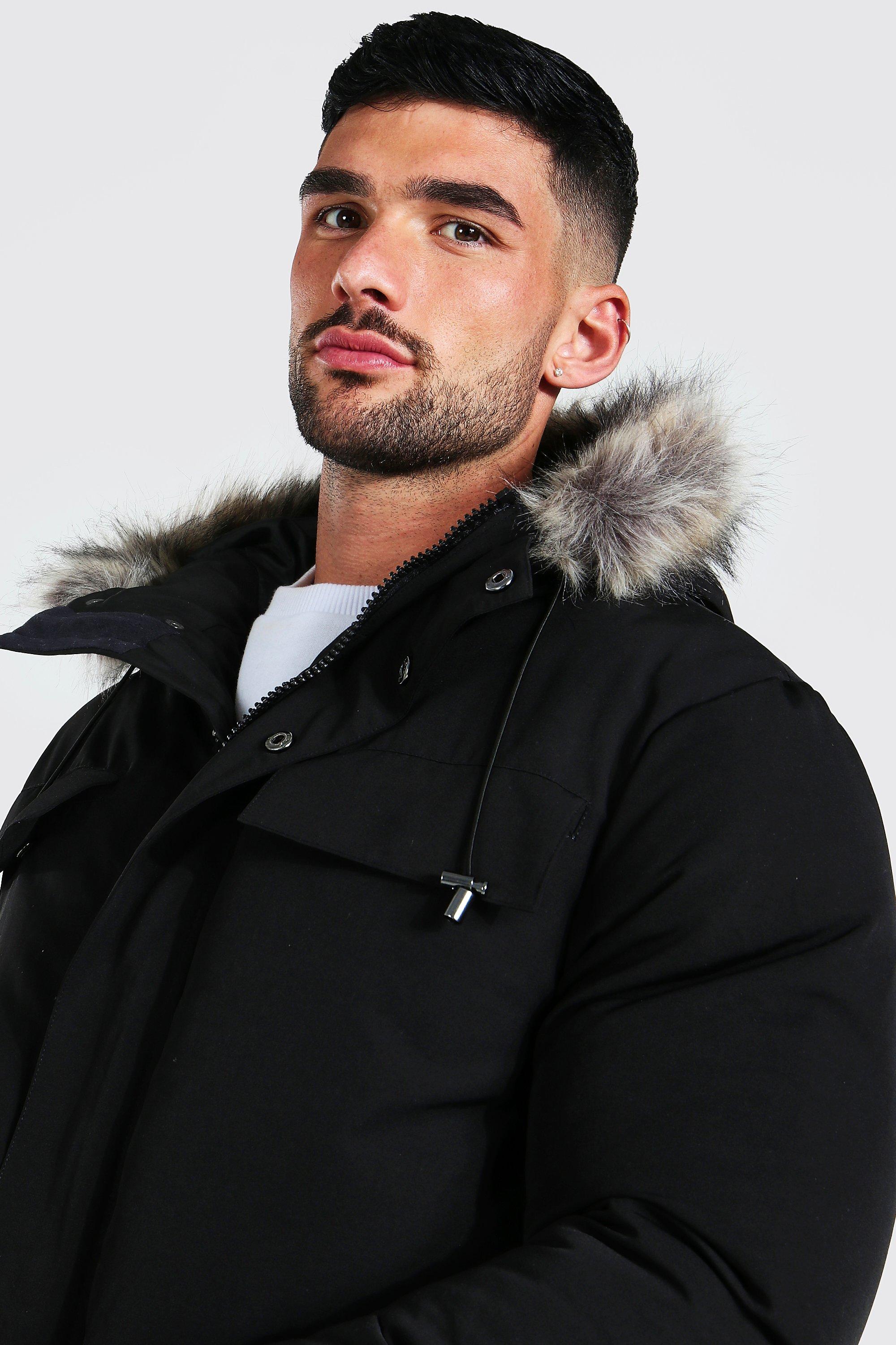 Hollister Faux Fur Lined Hooded Parka Coat in Black for Men