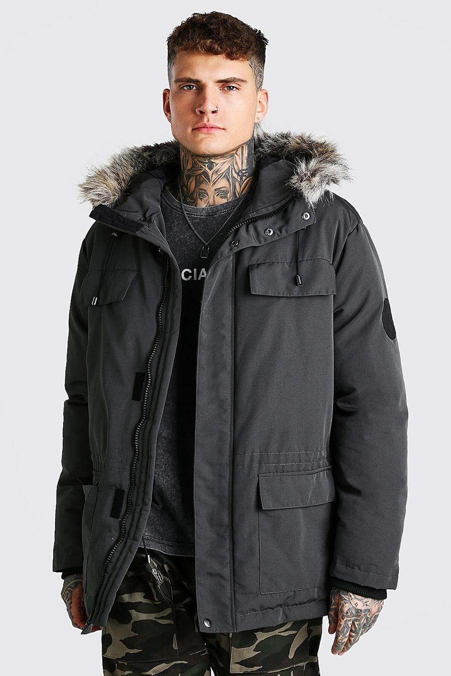 Charcoal Faux Fur Hooded Arctic Parka image number 1
