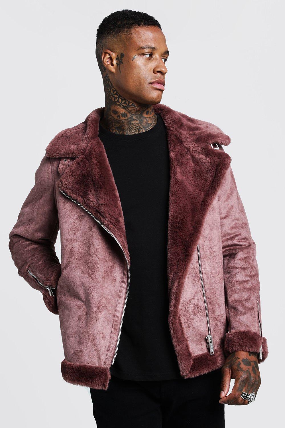 Boohooman aviator jacket with faux fur lining in clearance black