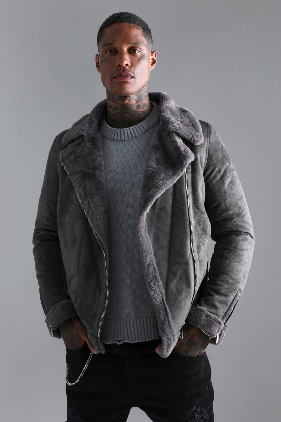 Charcoal Faux Fur Lined Suede Aviator Jacket image number 1