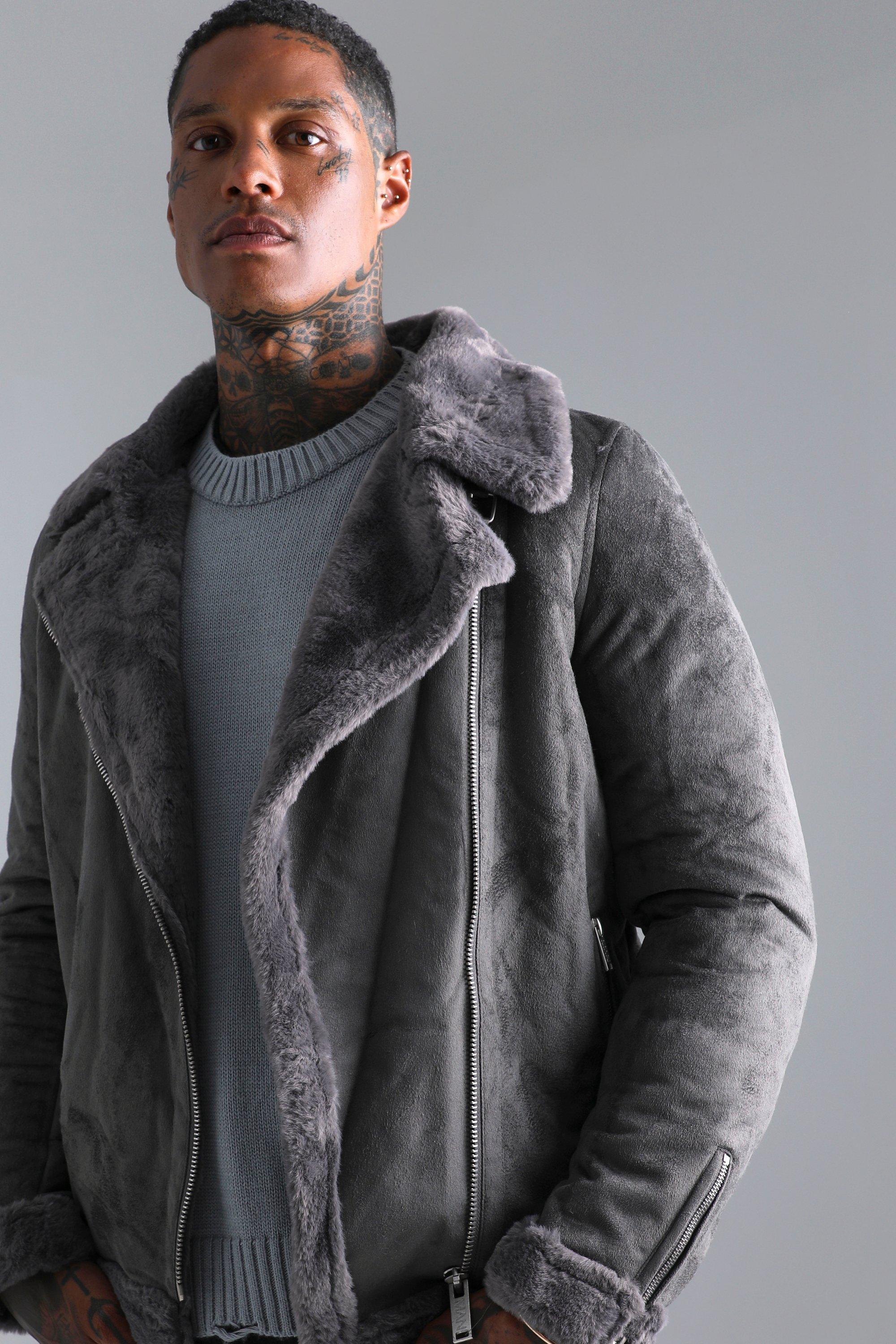 Men's Faux Fur Lined Suede Aviator Jacket | boohoo