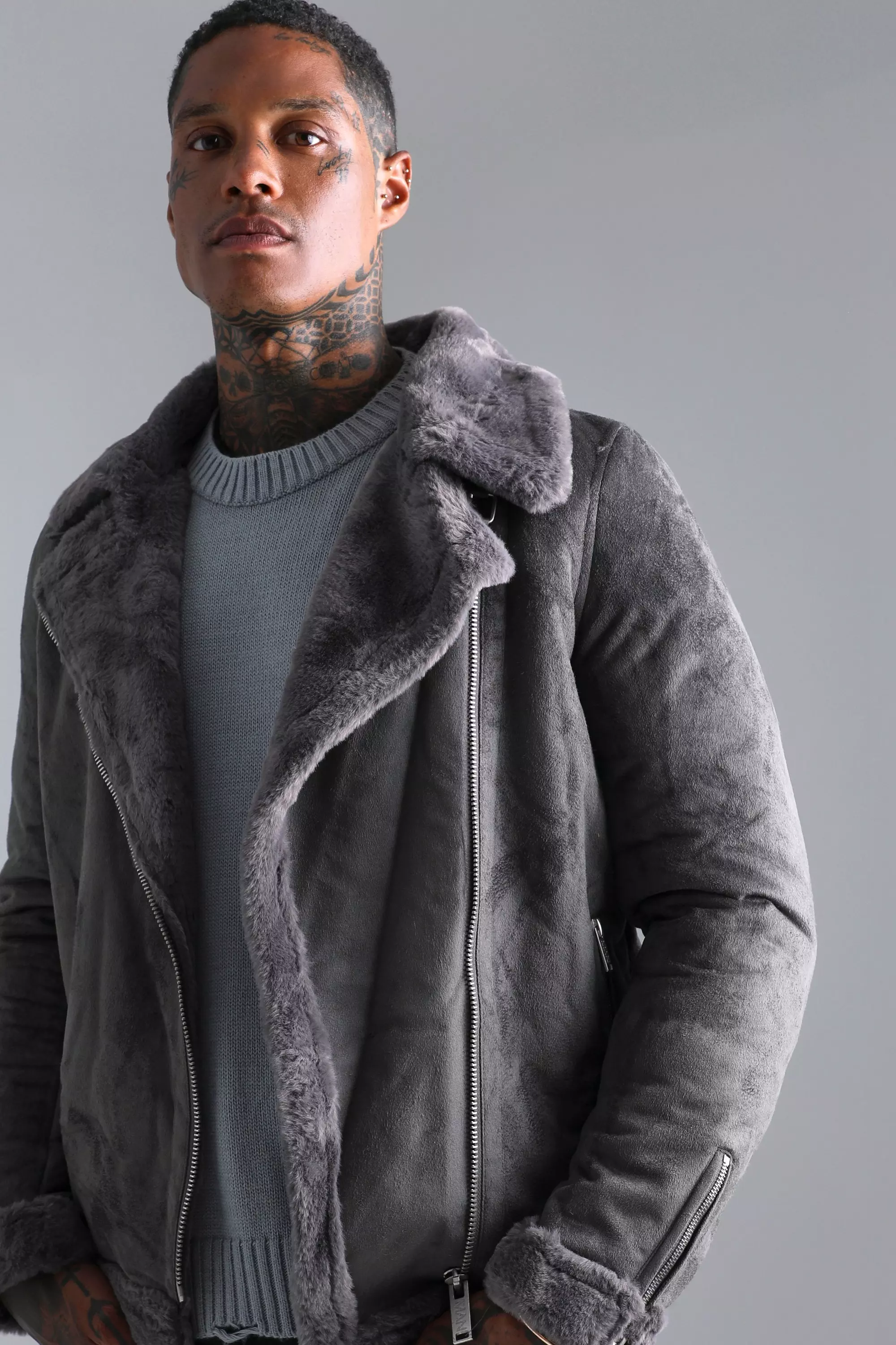 Men's Faux Fur Lined Suede Aviator Jacket