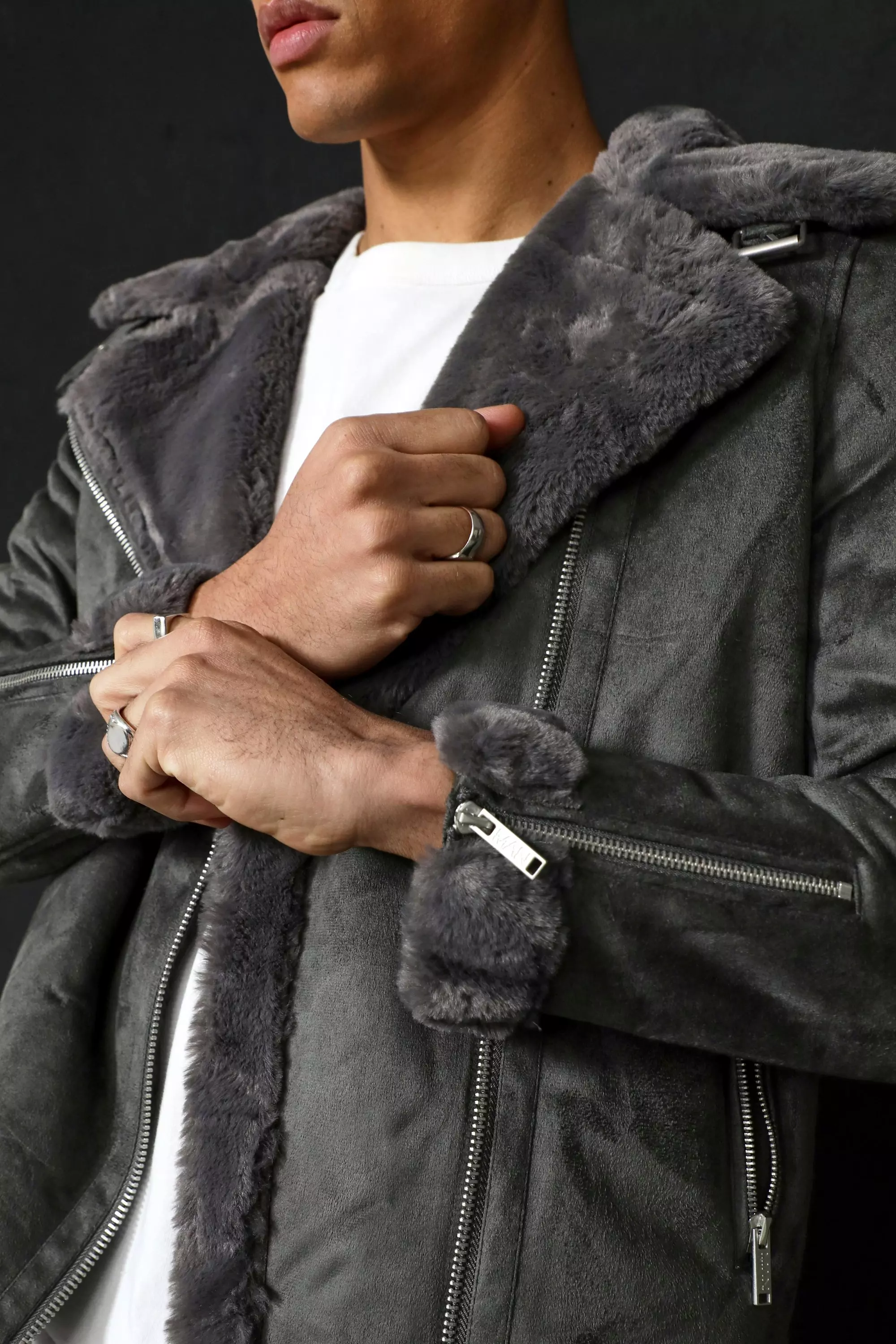 Mens grey faux hot sale leather jacket