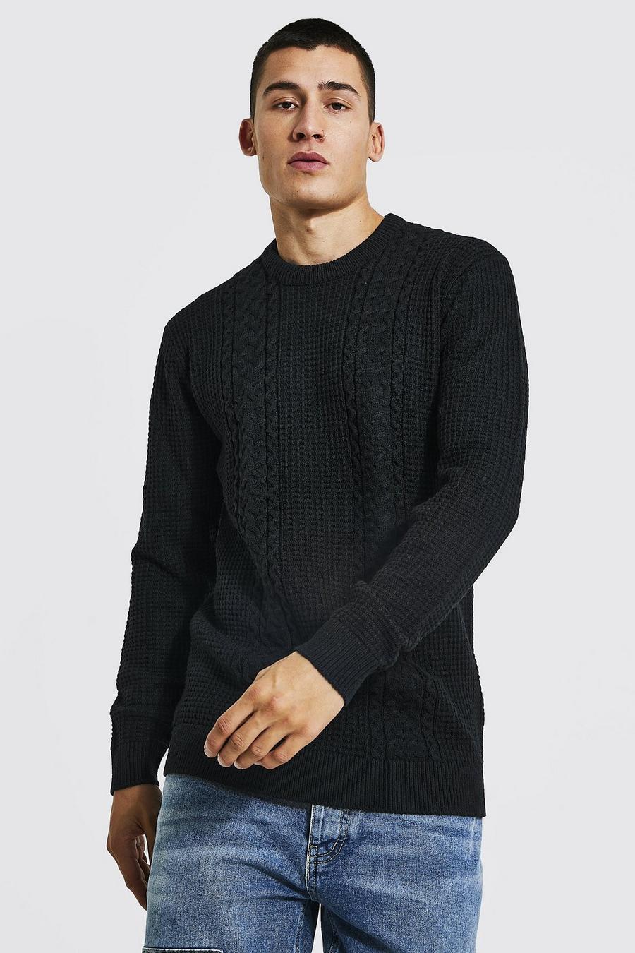 שחור סוודר סריגת צמה בגזרה רגילה מבד ממוחזר עם צווארון עגול image number 1
