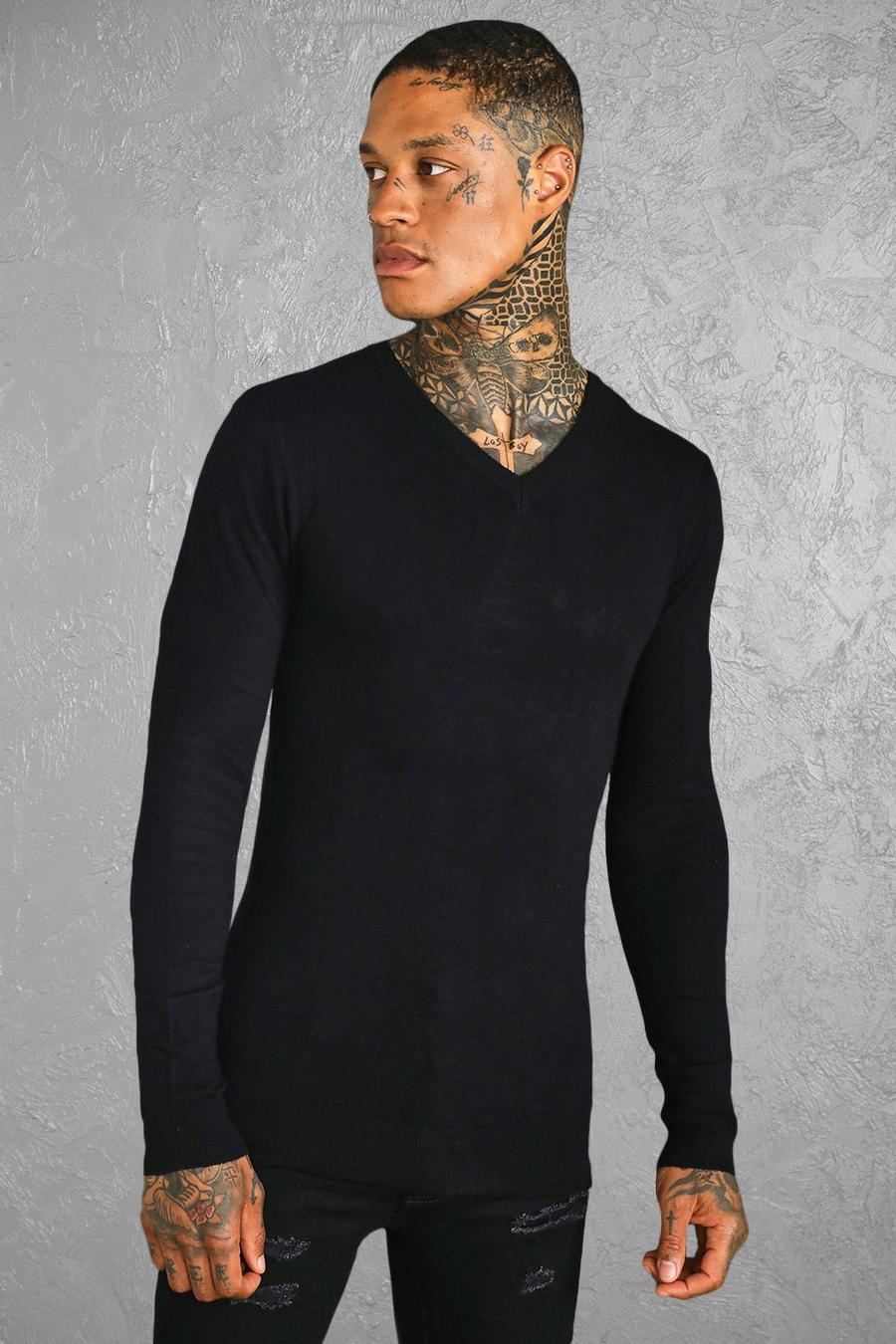 Black Muscle V Neck Jumper image number 1