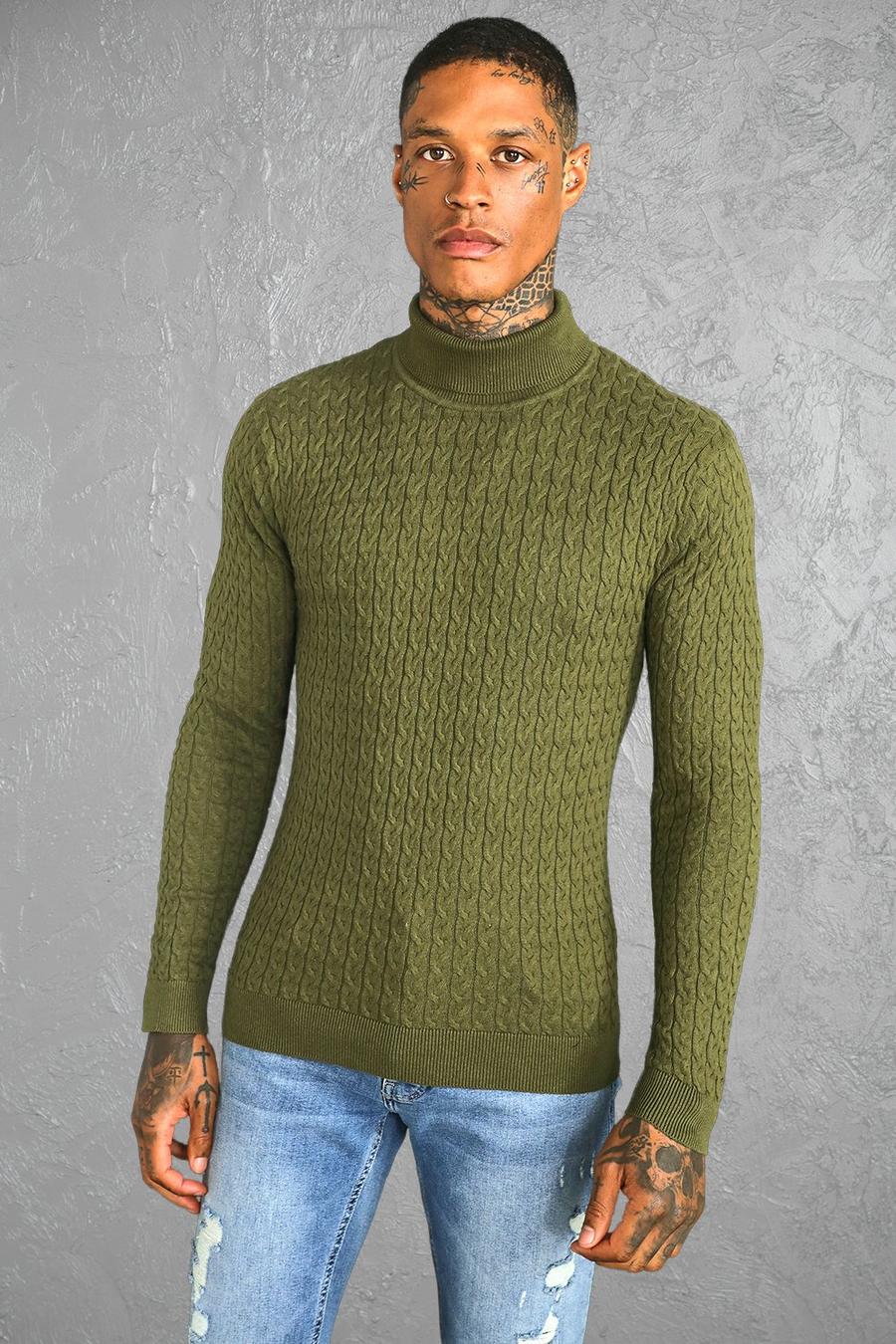 Khaki Cotton Muscle Roll Neck Cable Jumper image number 1