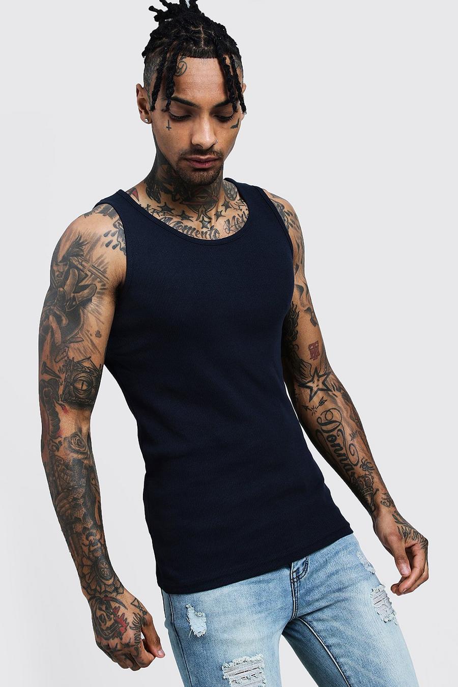 Navy Basic Muscle Fit Ribbed Tank Top image number 1