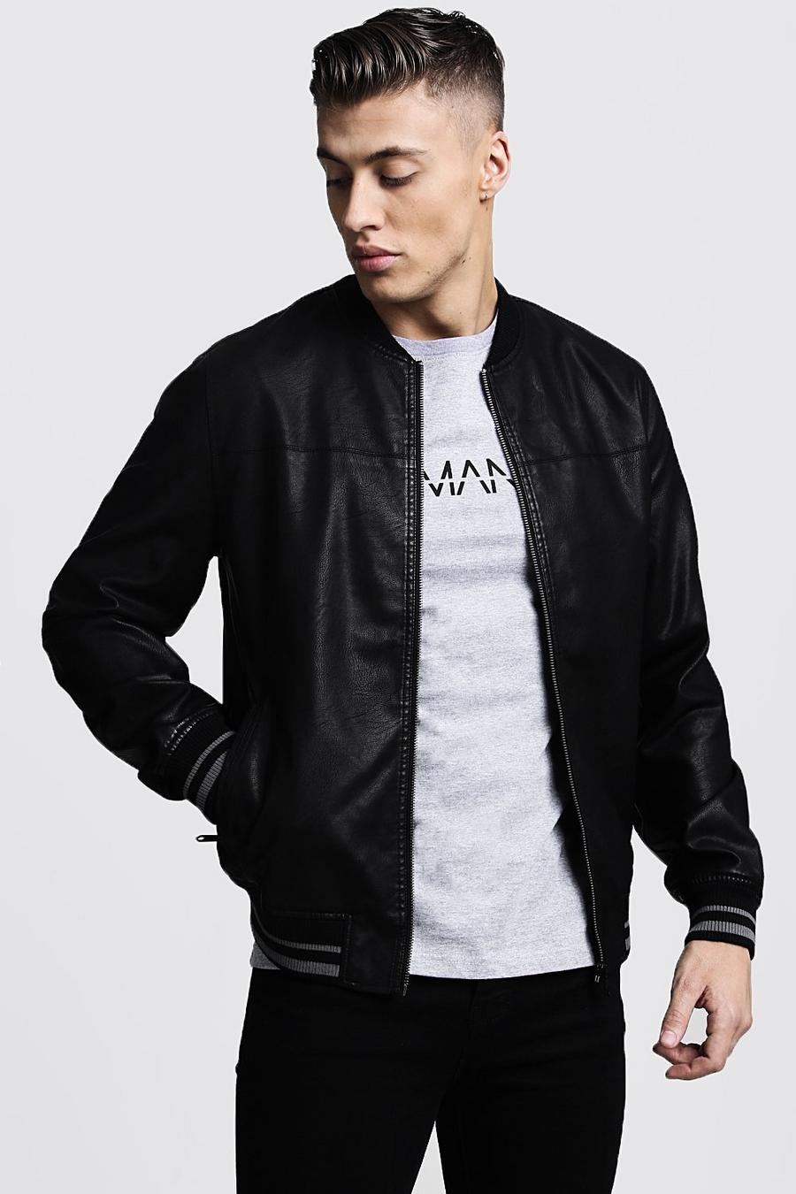 Black Faux Leather Bomber Jacket image number 1