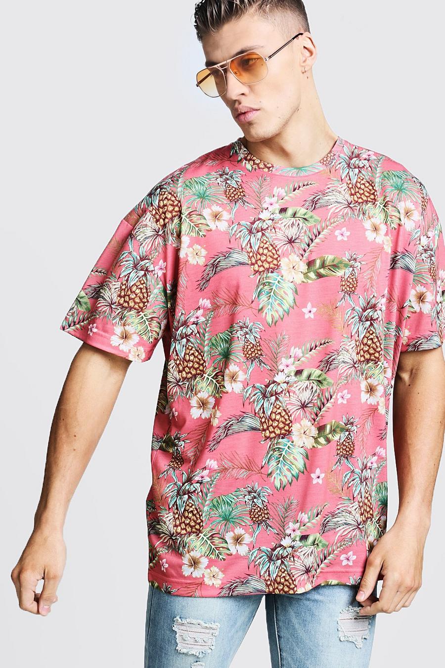 Camiseta extragrande con estampado tropical, Rosa image number 1